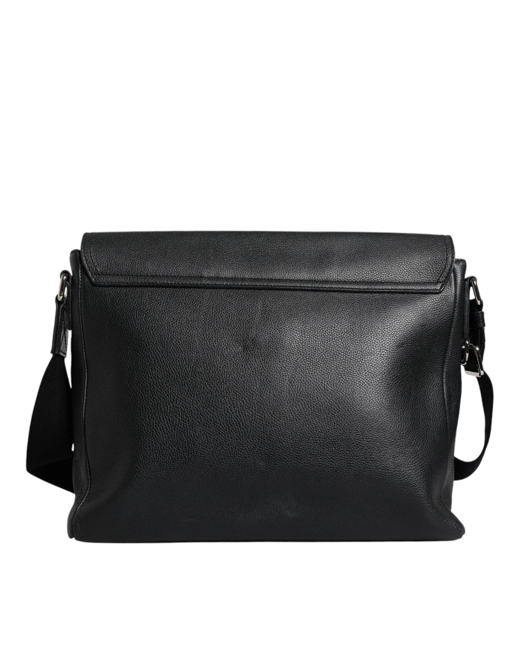 Dolce & Gabbana Black Logo Plaque Leather Messenger Shoulder Strap Bag - Hilstor