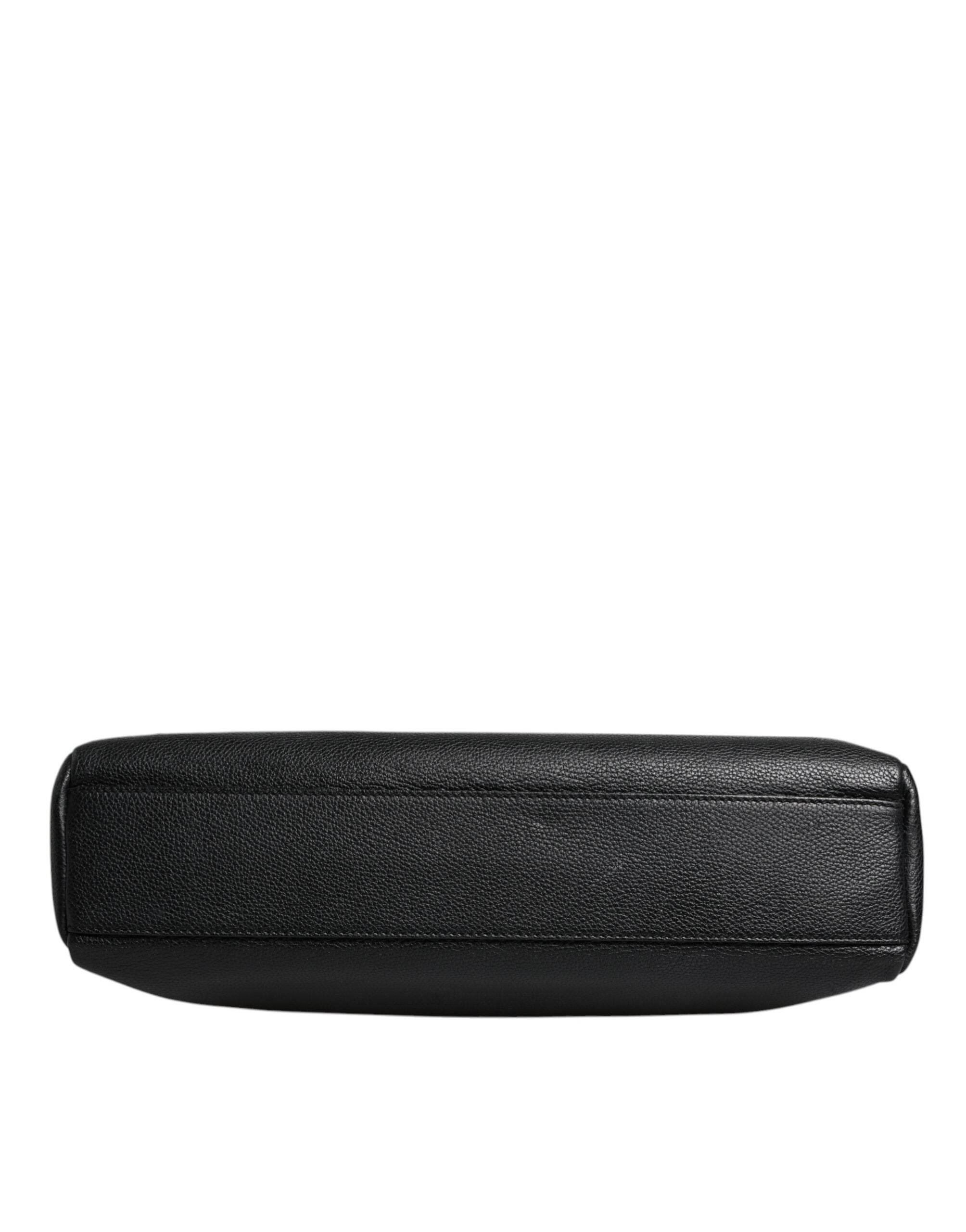Dolce & Gabbana Black Logo Plaque Leather Messenger Shoulder Strap Bag - Hilstor