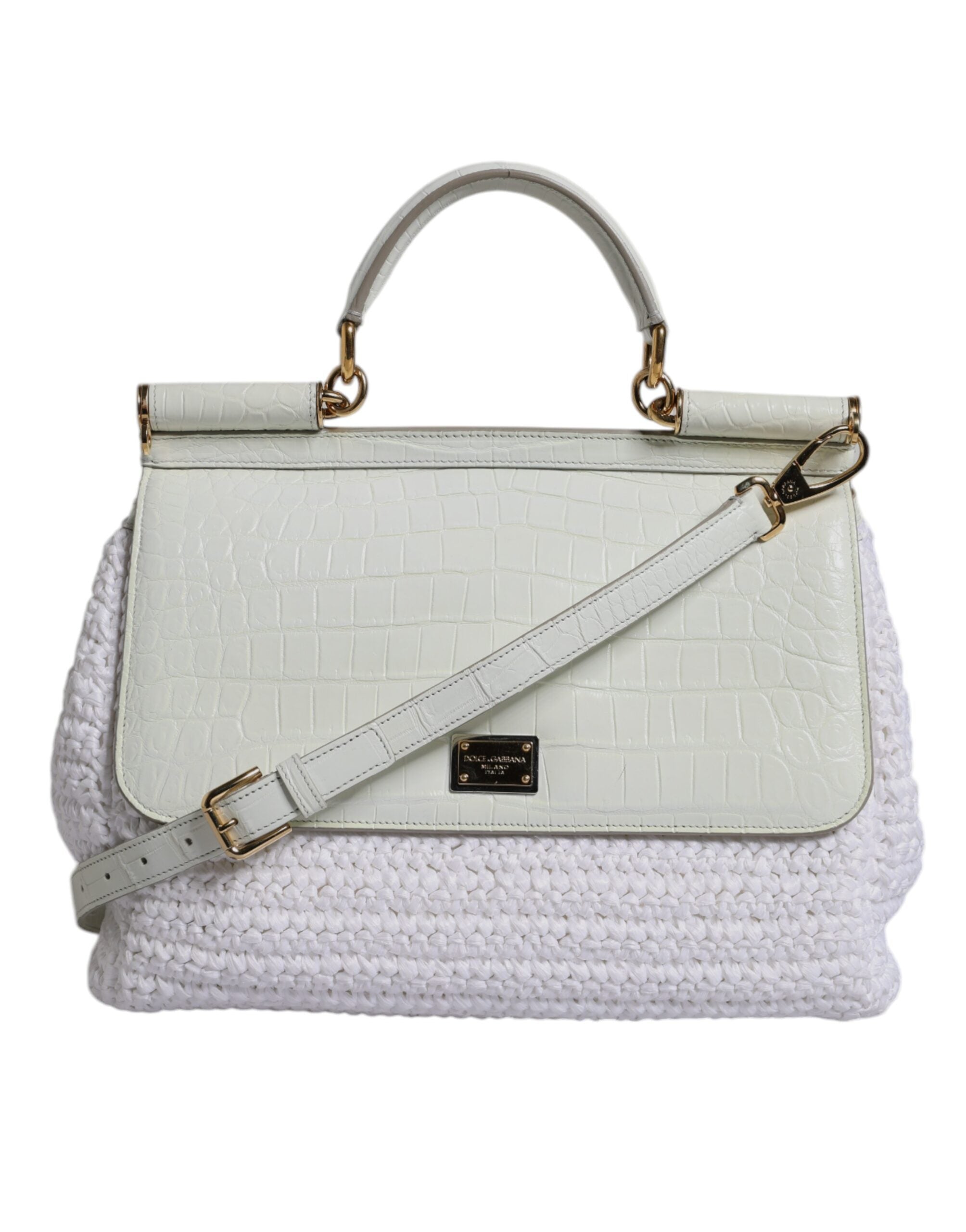 Dolce &amp; Gabbana Hvid Rafia Læder Top Håndtag Crossbody Taske