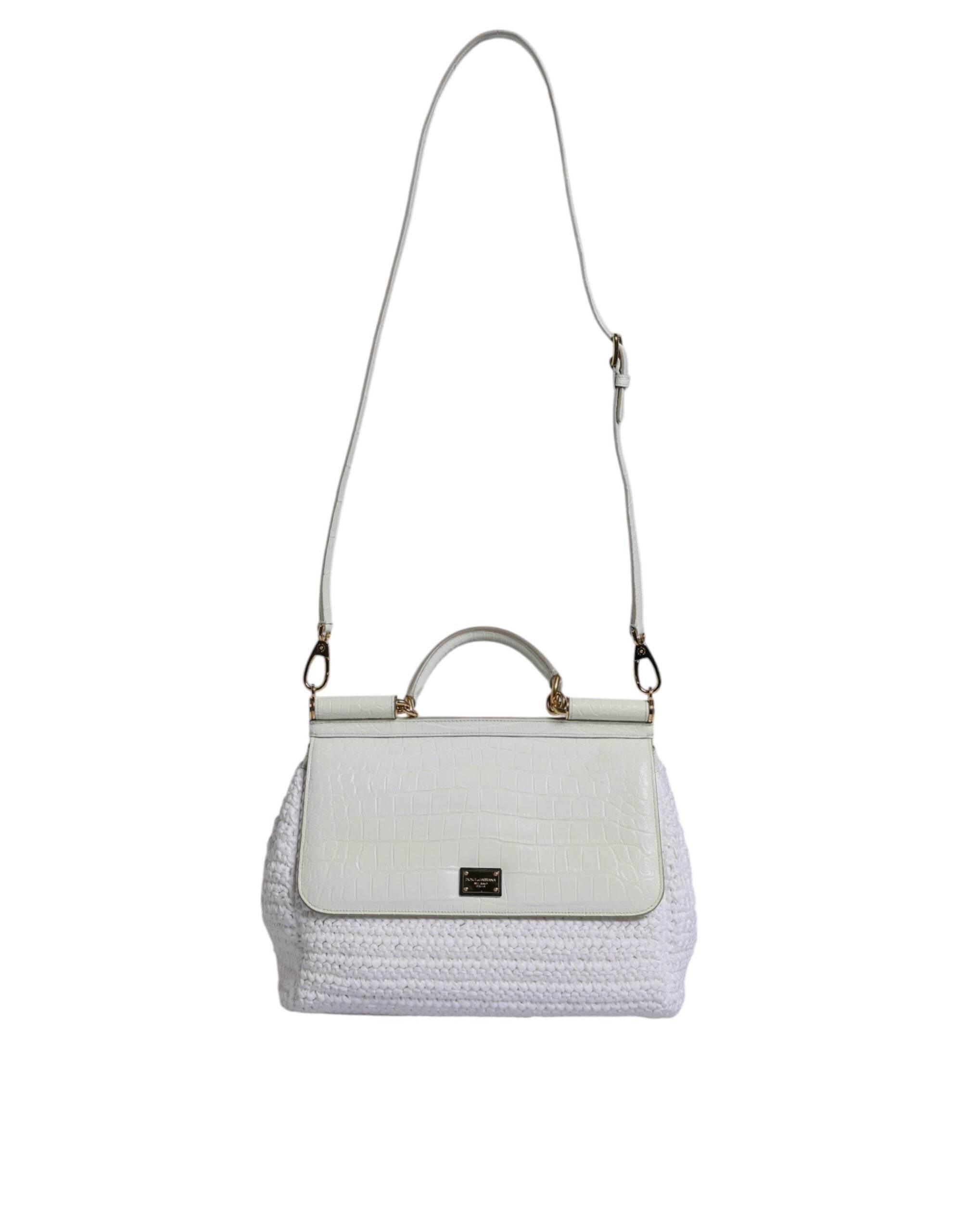 Dolce & Gabbana White Rafia Leather Top Handle Crossbody Bag - Hilstor