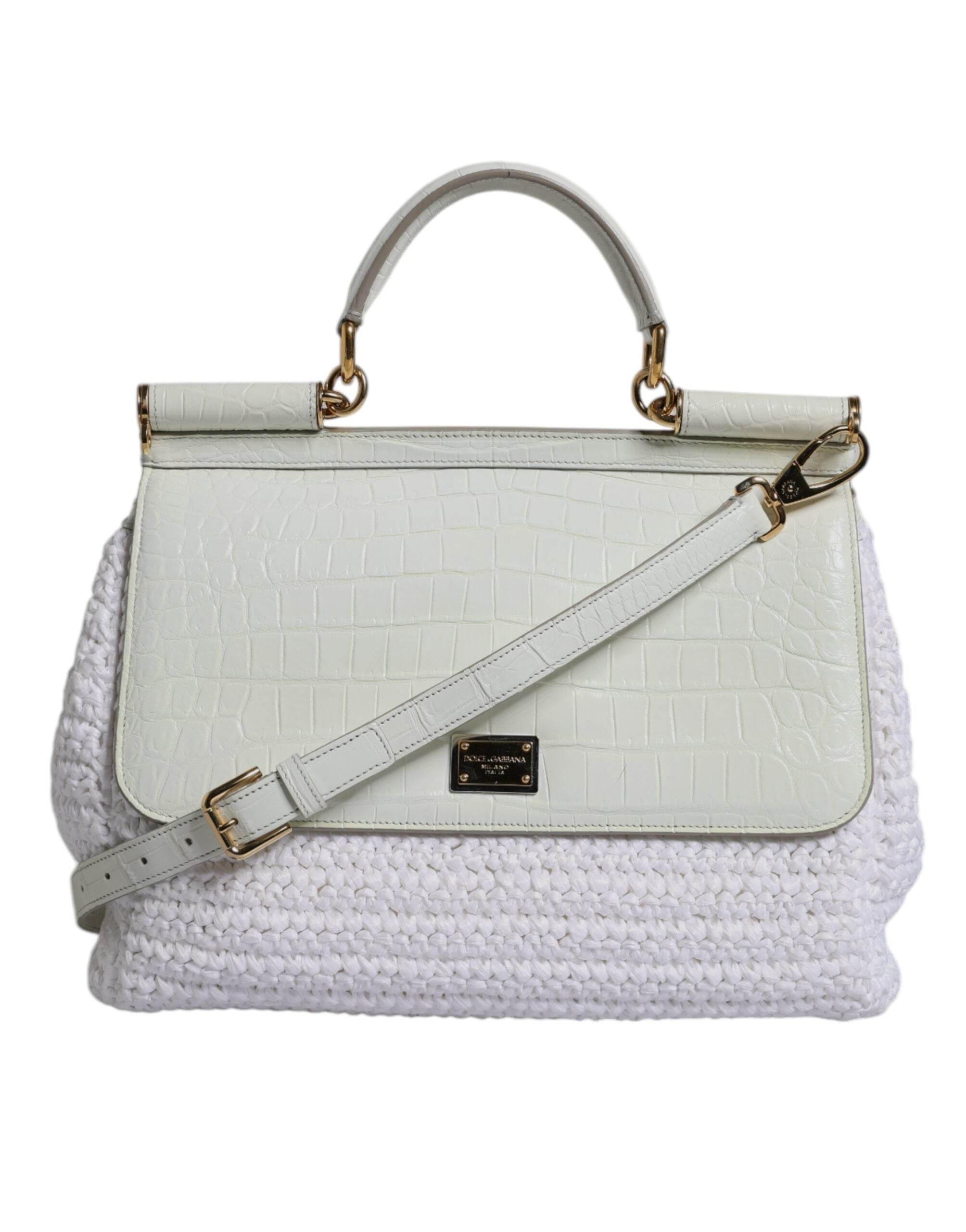 Dolce & Gabbana White Rafia Leather Top Handle Crossbody Bag - Hilstor