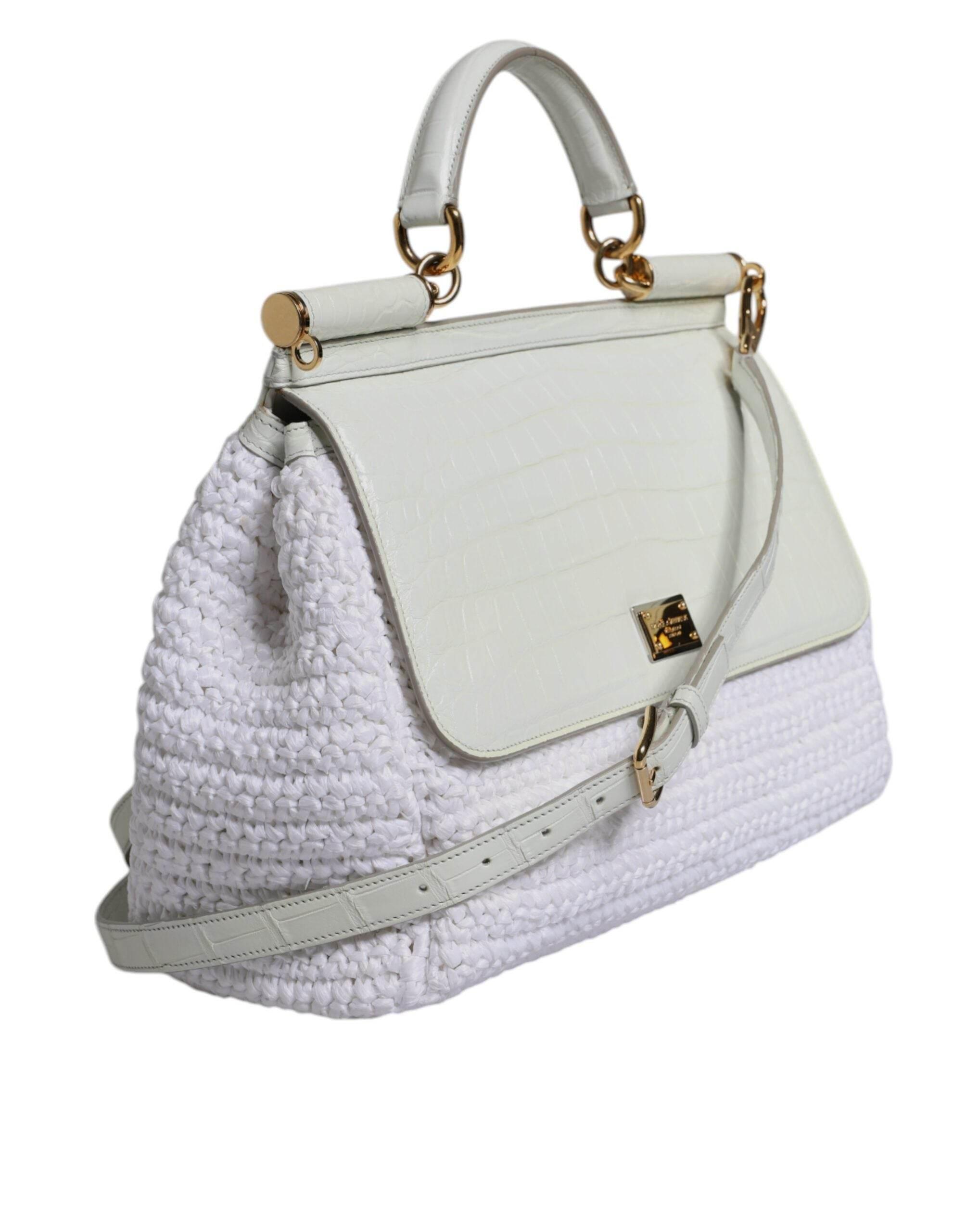 Dolce & Gabbana White Rafia Leather Top Handle Crossbody Bag - Hilstor