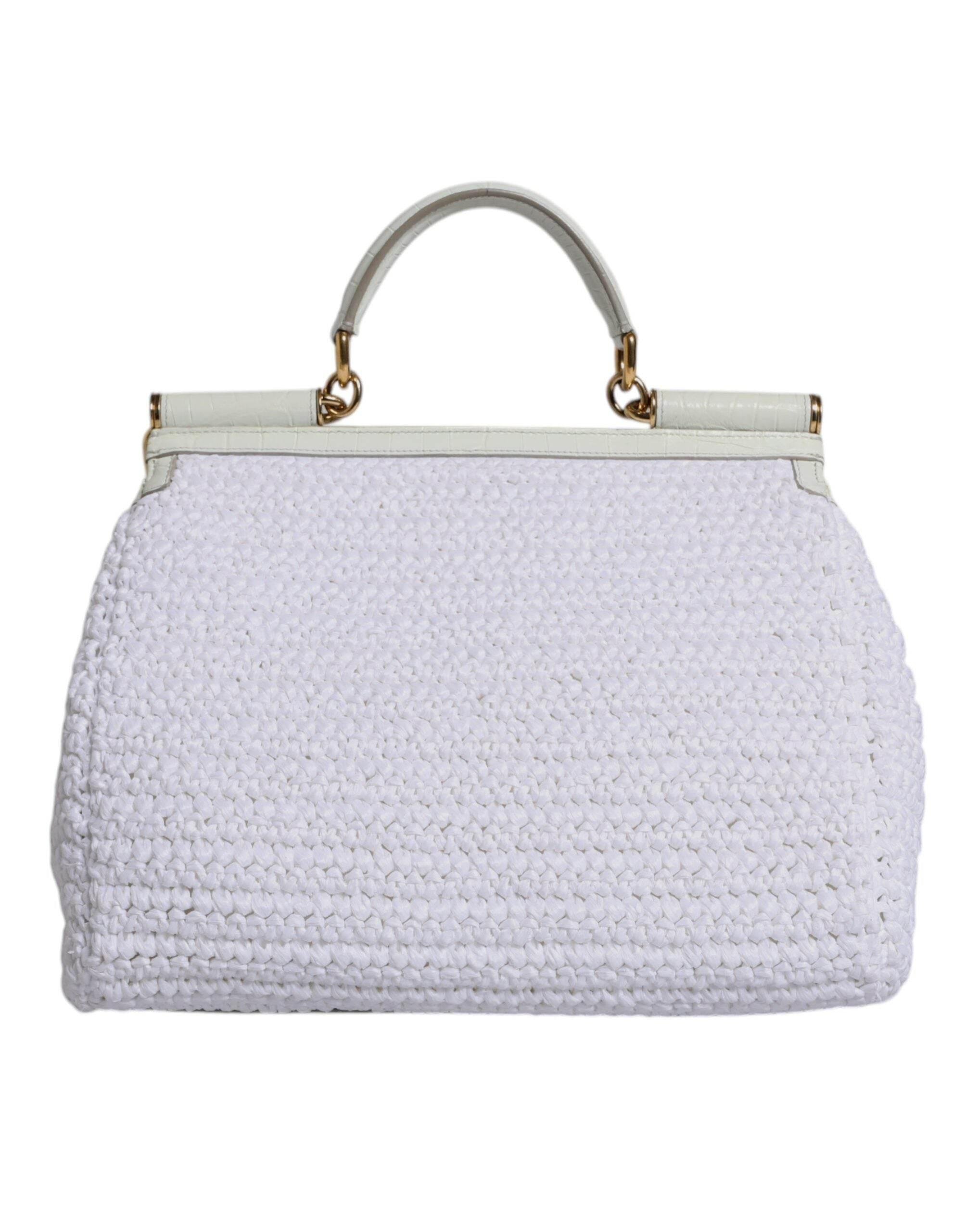 Dolce & Gabbana White Rafia Leather Top Handle Crossbody Bag - Hilstor