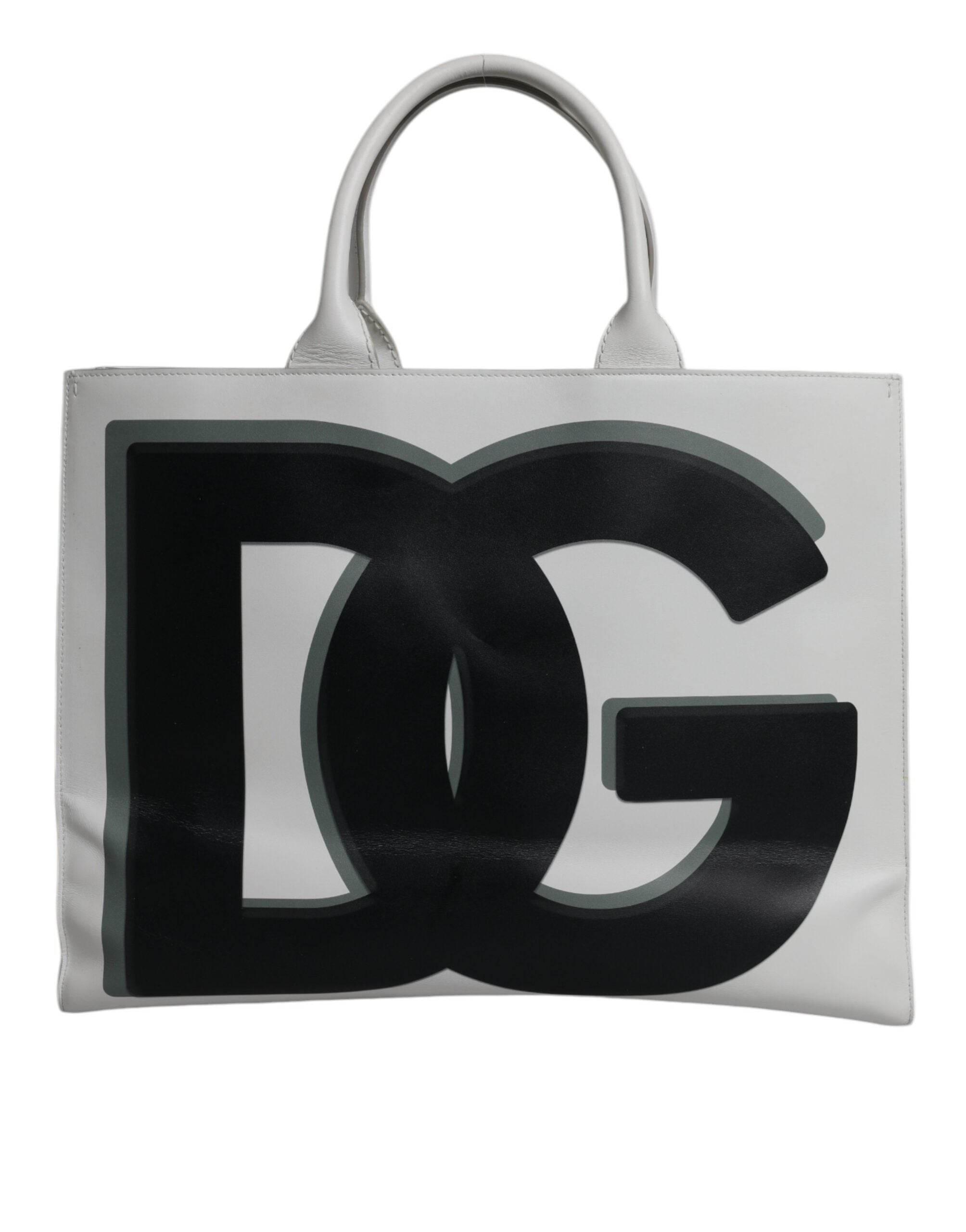 Dolce & Gabbana White Logo Print DG Daily Calfskin Shopping Tote Bag - Hilstor