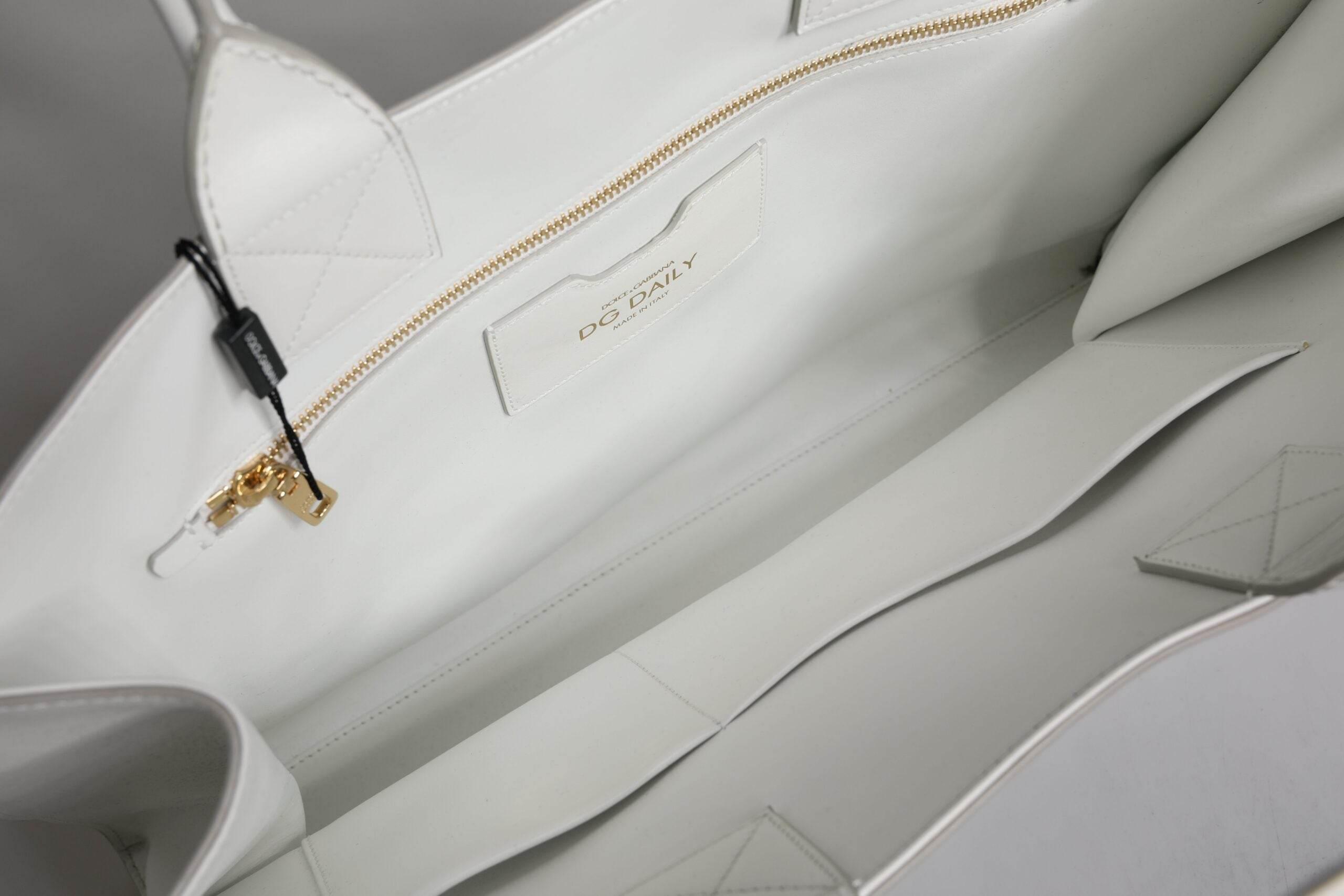 Dolce & Gabbana White Logo Print DG Daily Calfskin Shopping Tote Bag - Hilstor