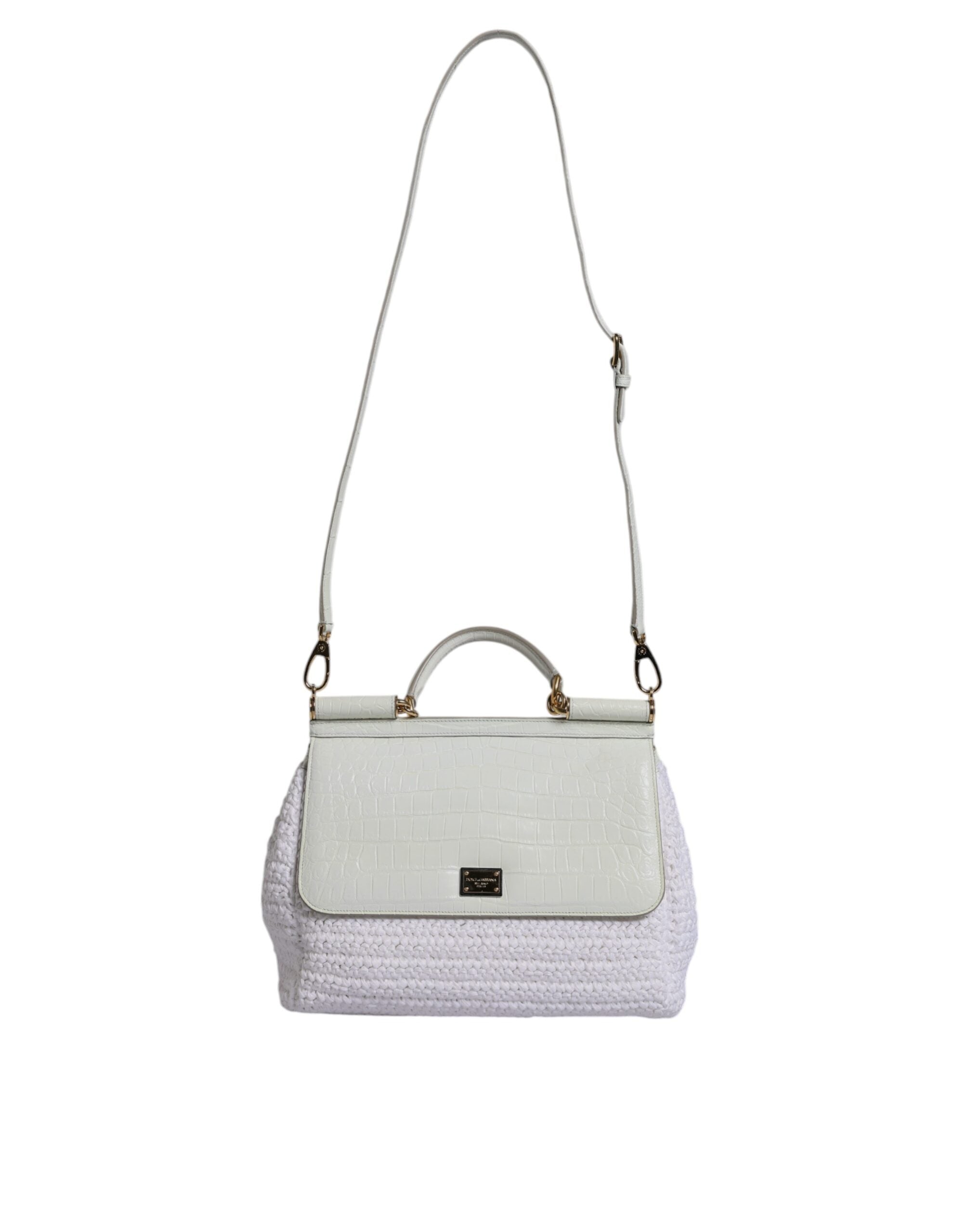 Dolce &amp; Gabbana Hvid Rafia Læder Top Håndtag Crossbody Taske