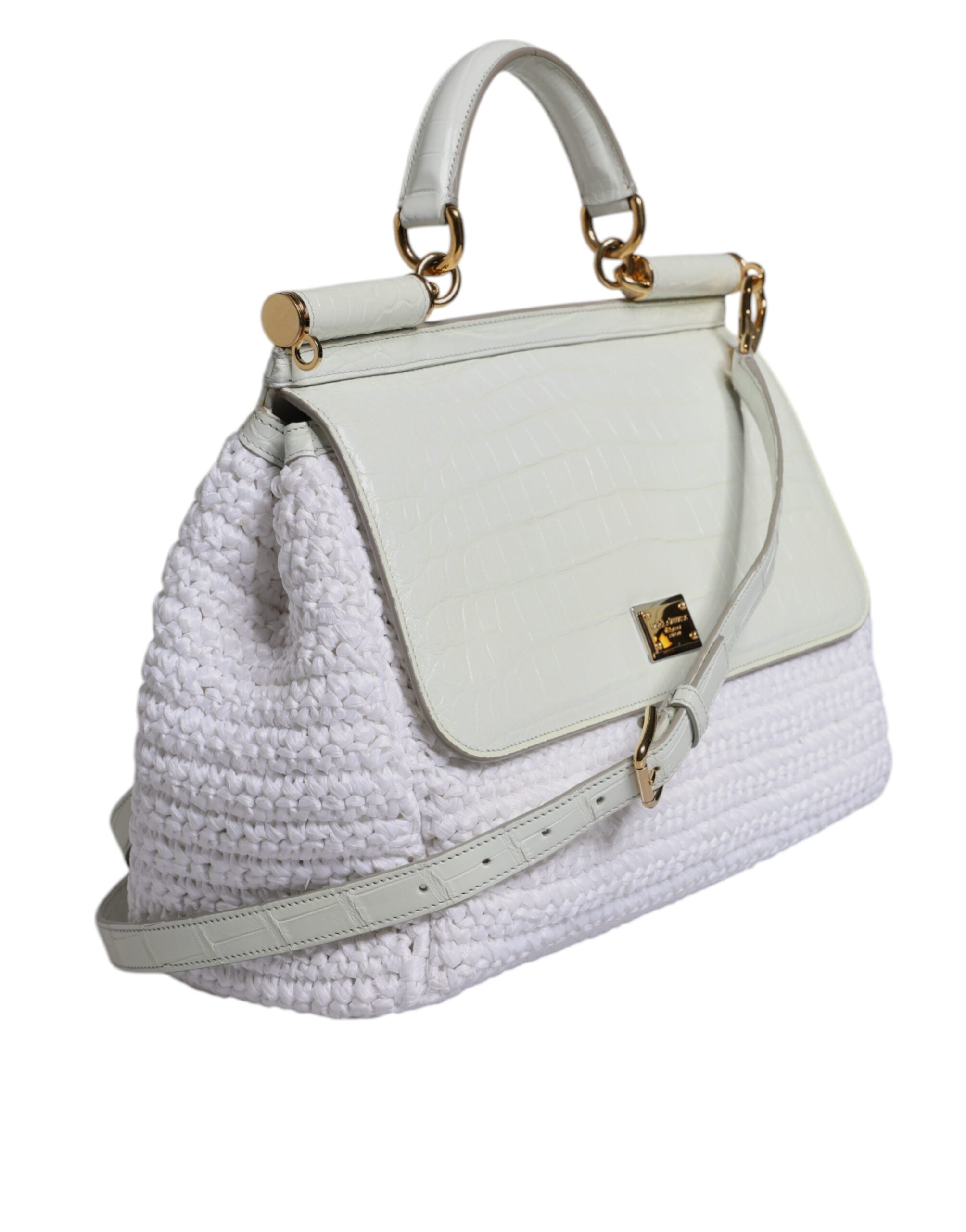 Dolce &amp; Gabbana Hvid Rafia Læder Top Håndtag Crossbody Taske
