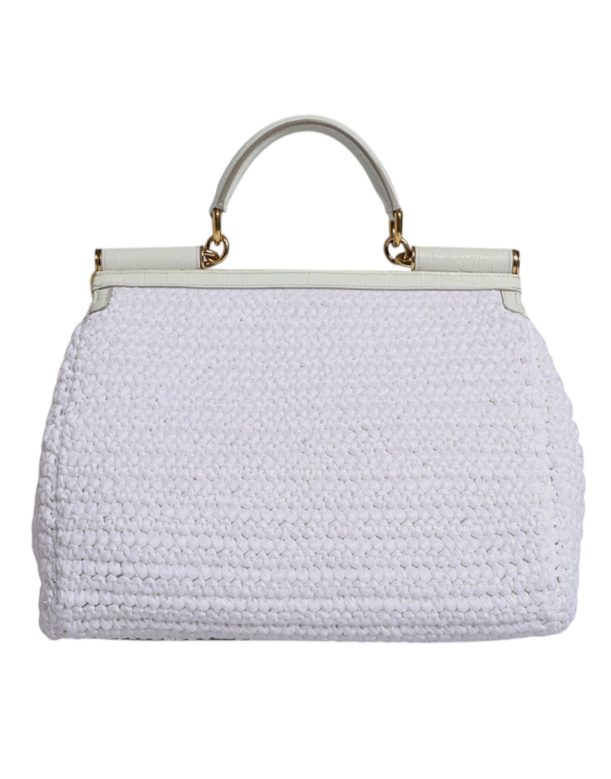 Dolce &amp; Gabbana Hvid Rafia Læder Top Håndtag Crossbody Taske