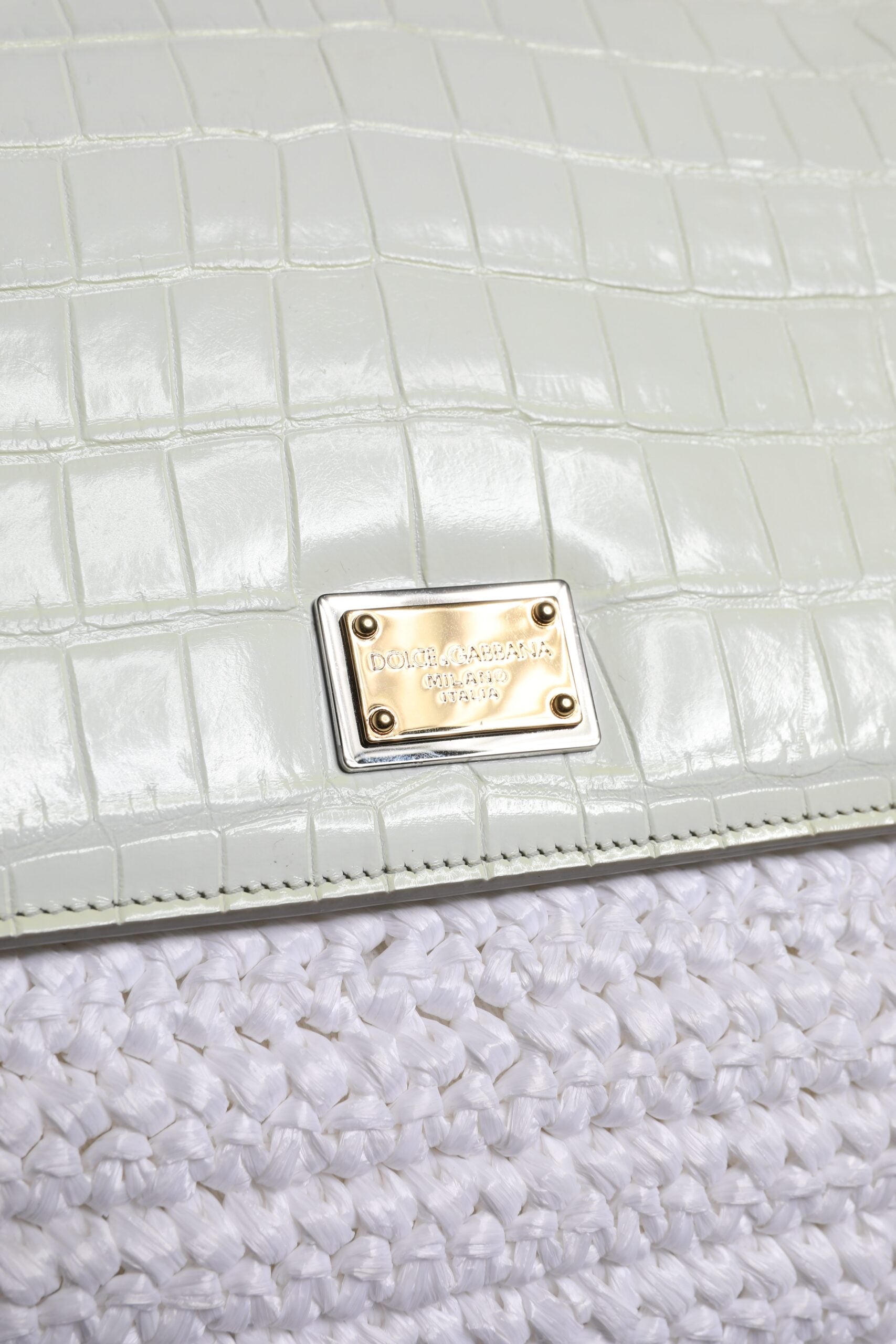 Dolce &amp; Gabbana Hvid Rafia Læder Top Håndtag Crossbody Taske