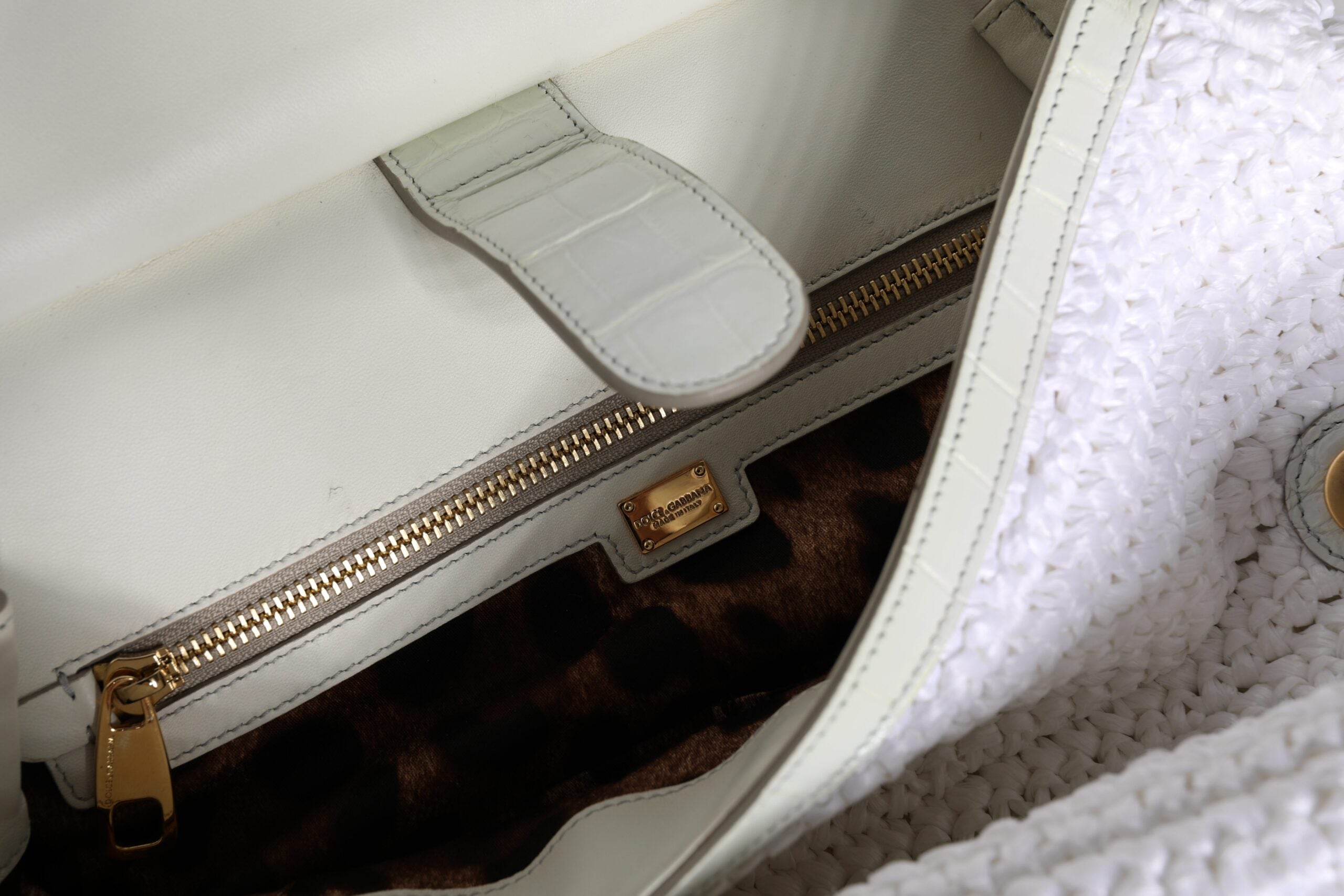 Dolce &amp; Gabbana Hvid Rafia Læder Top Håndtag Crossbody Taske
