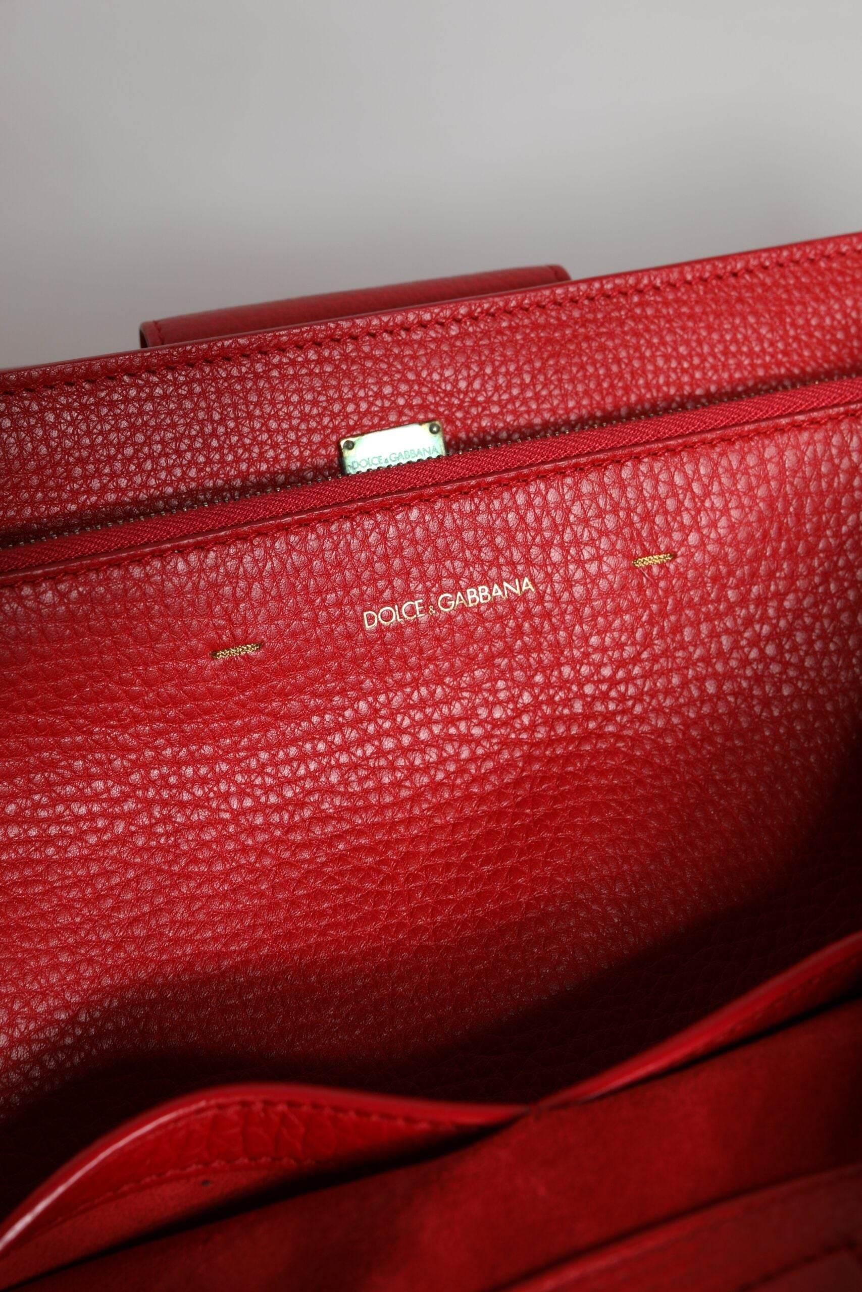 Dolce & Gabbana Red Calfskin Leather Logo Plaque Top Handle Bag - Hilstor