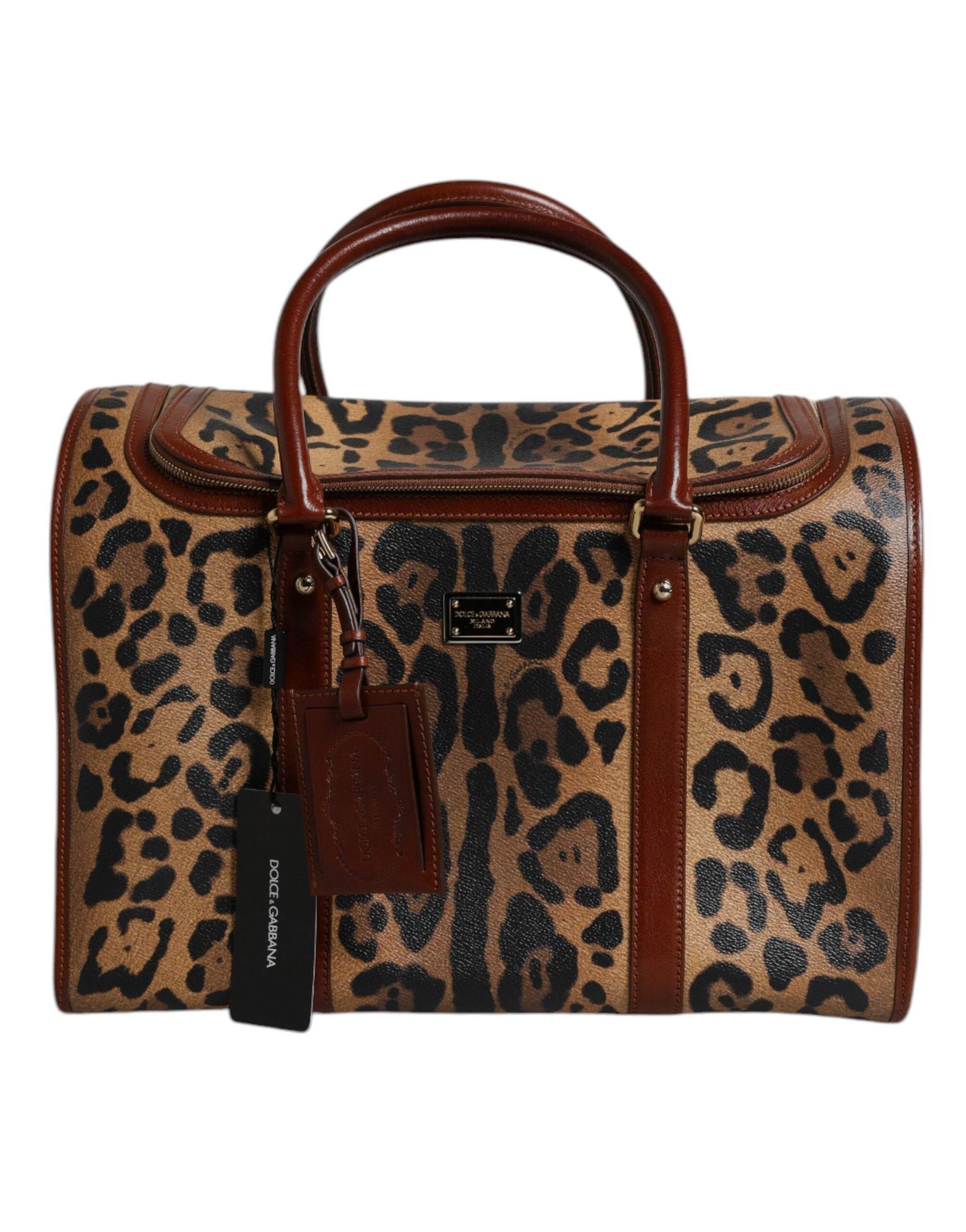 Dolce & Gabbana Brown Leopard Print Logo Plaque Top Handle Handbag Bag - Hilstor