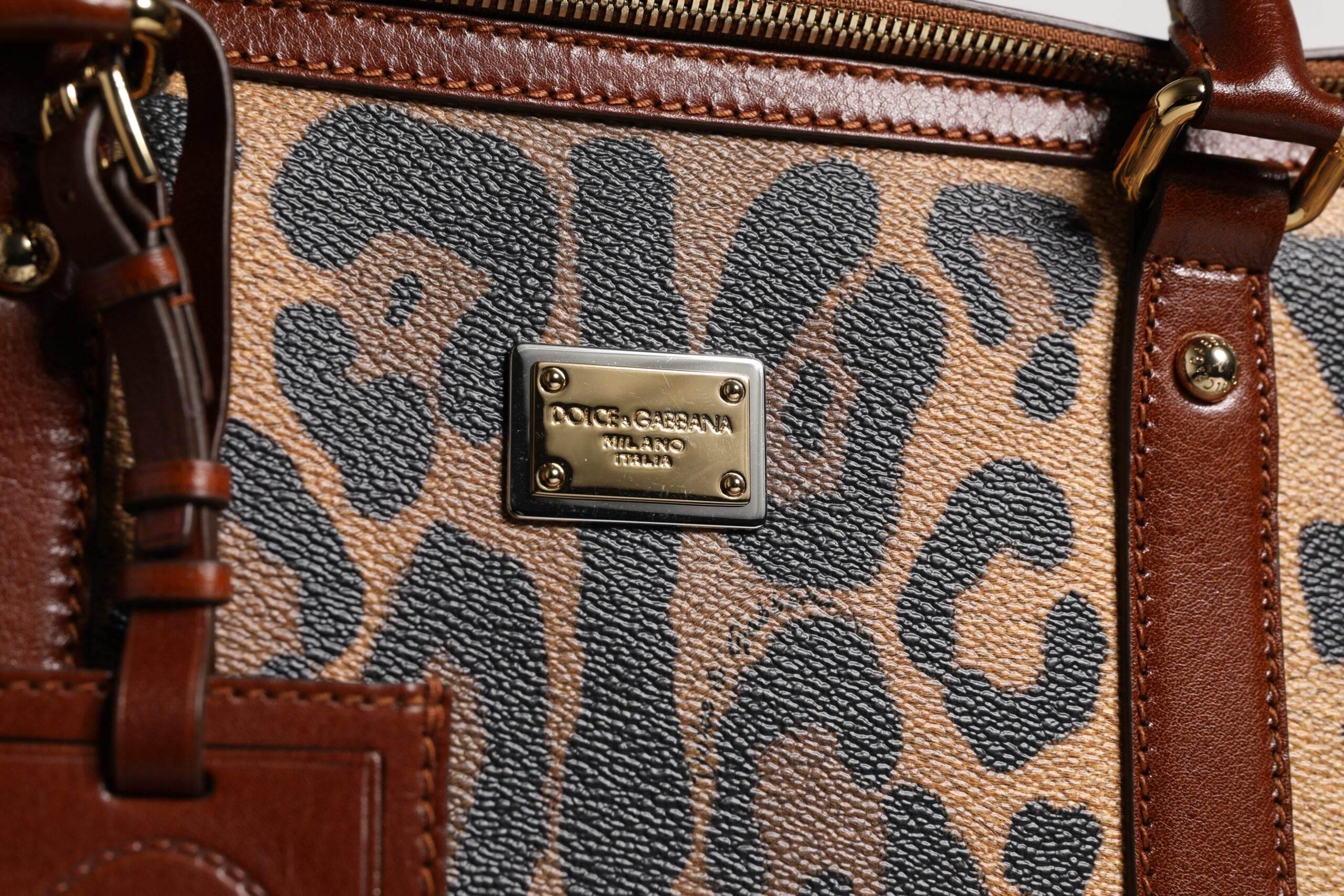 Dolce & Gabbana Brown Leopard Print Logo Plaque Top Handle Handbag Bag - Hilstor