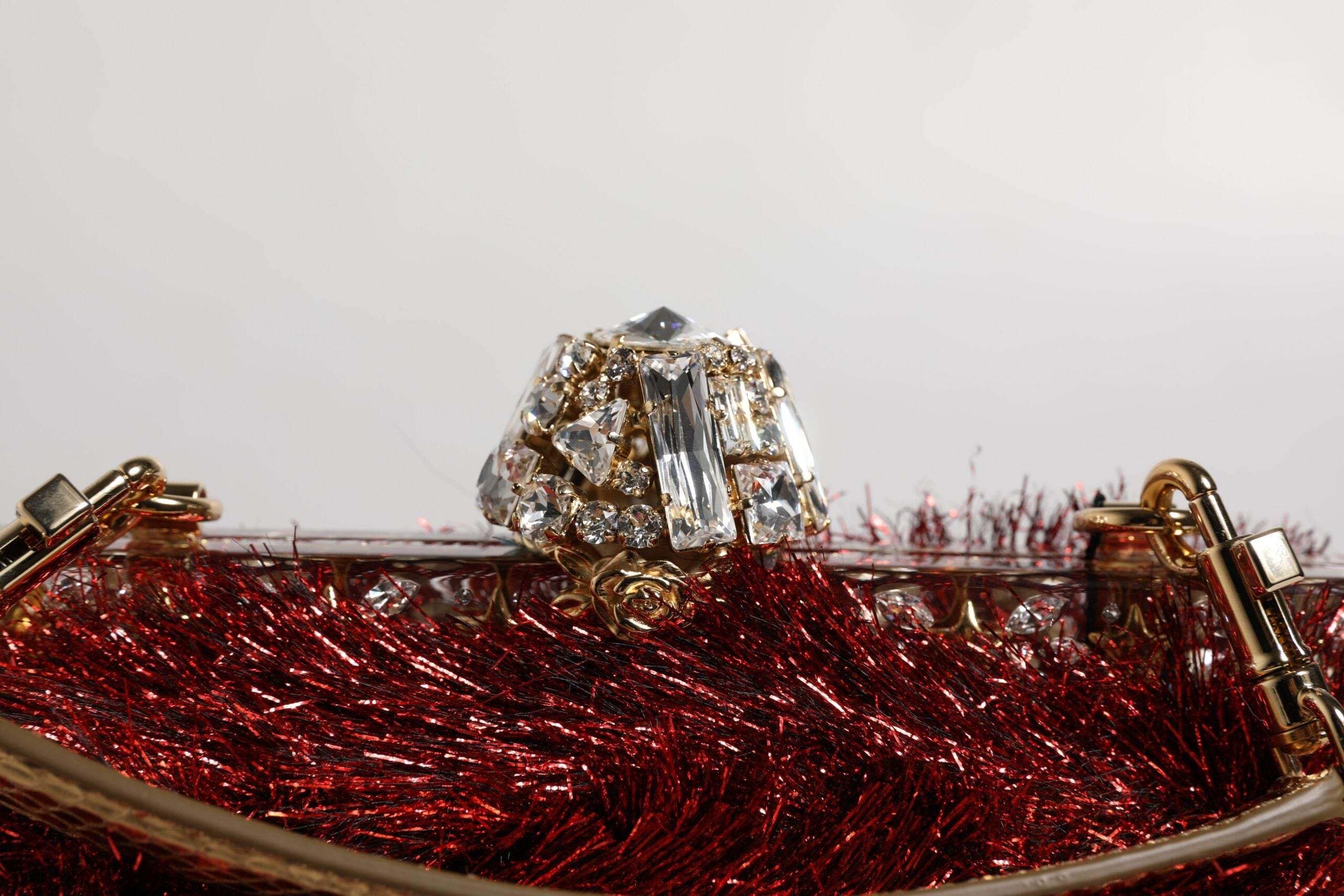 Dolce & Gabbana Red Gold Chain VANDA Tinsel Crystals Evening Clutch Bag - Hilstor