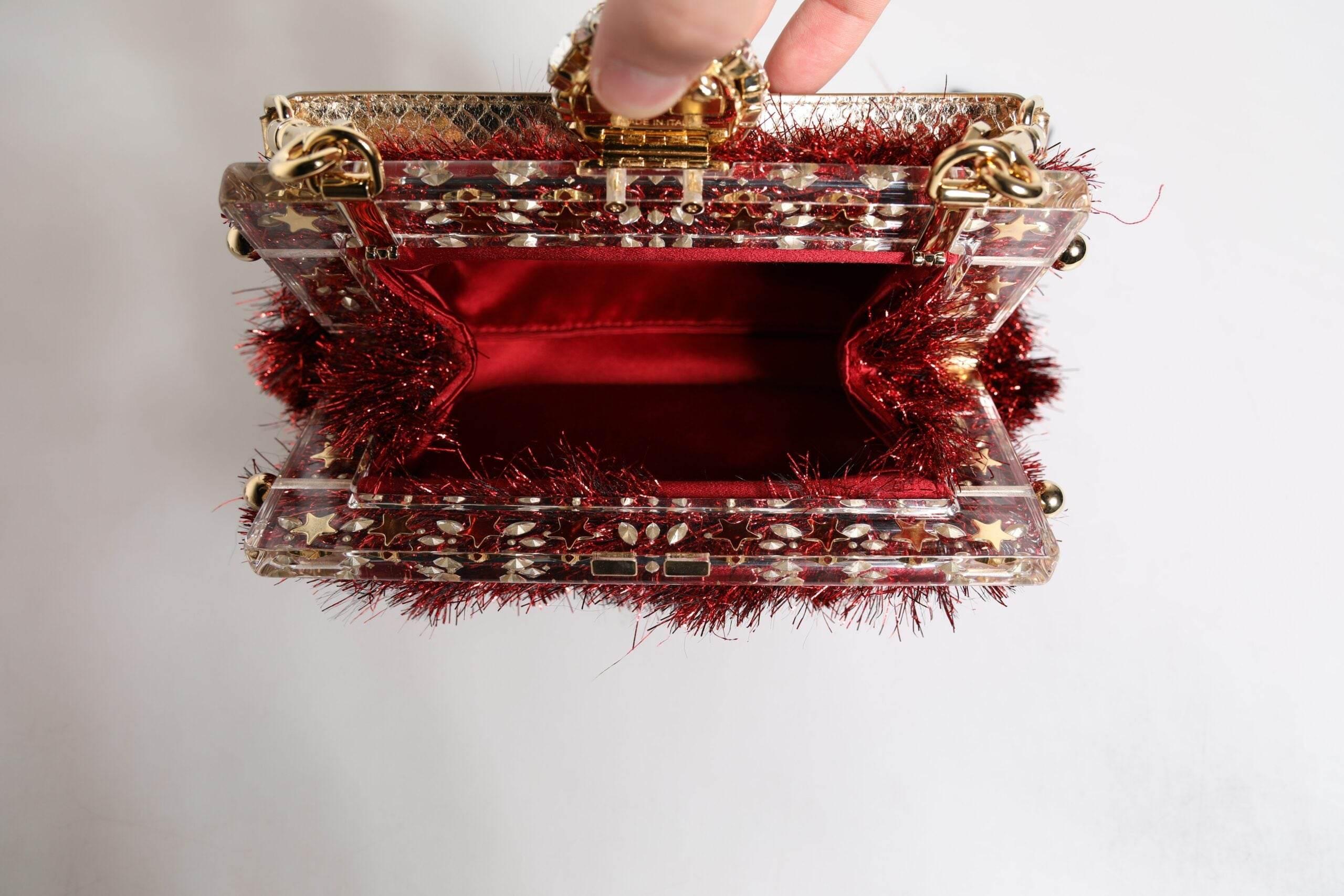 Dolce & Gabbana Red Gold Chain VANDA Tinsel Crystals Evening Clutch Bag - Hilstor