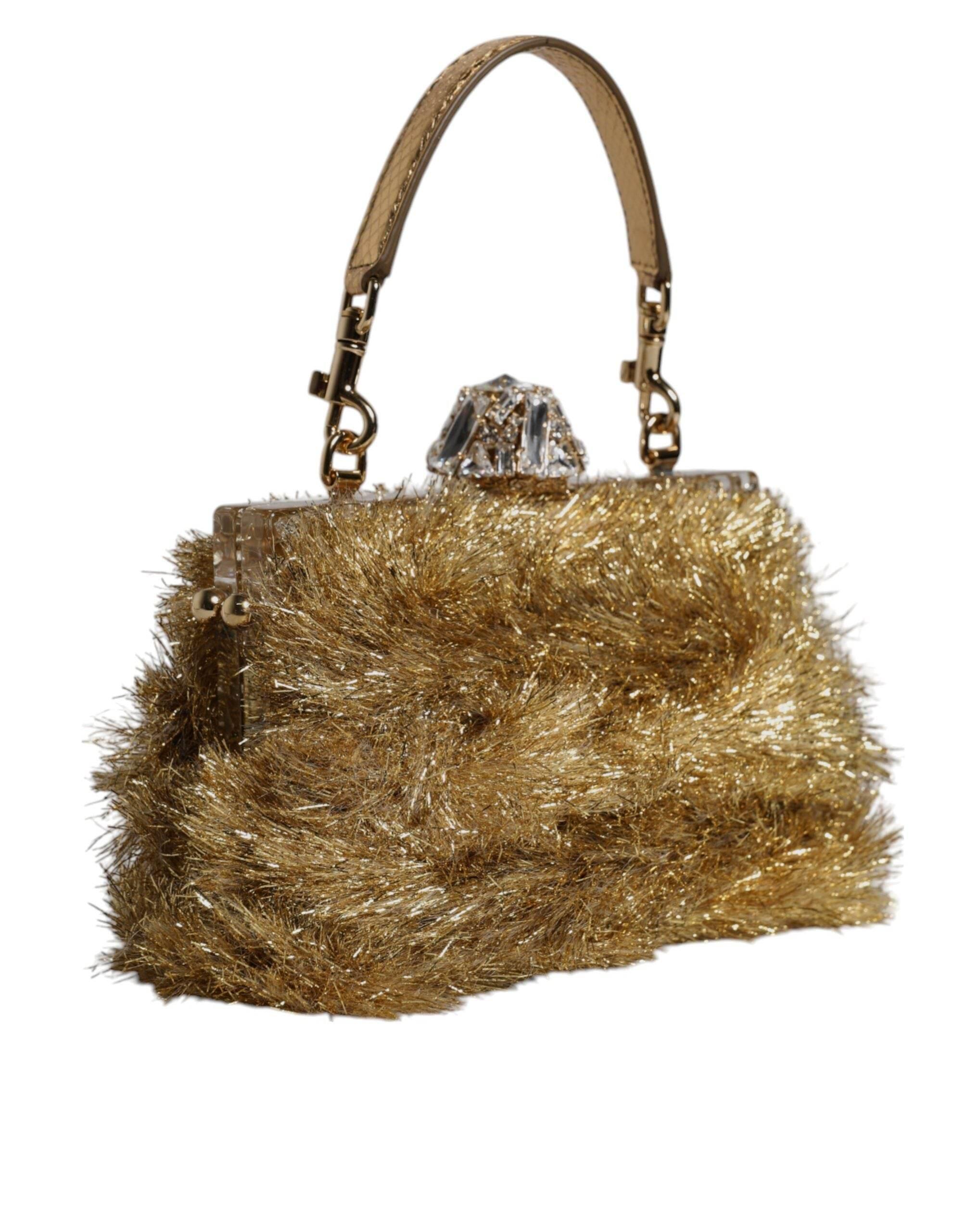 Dolce & Gabbana Gold Vanda Chain Strap Tinsel Crystal Evening Clutch Bag - Hilstor
