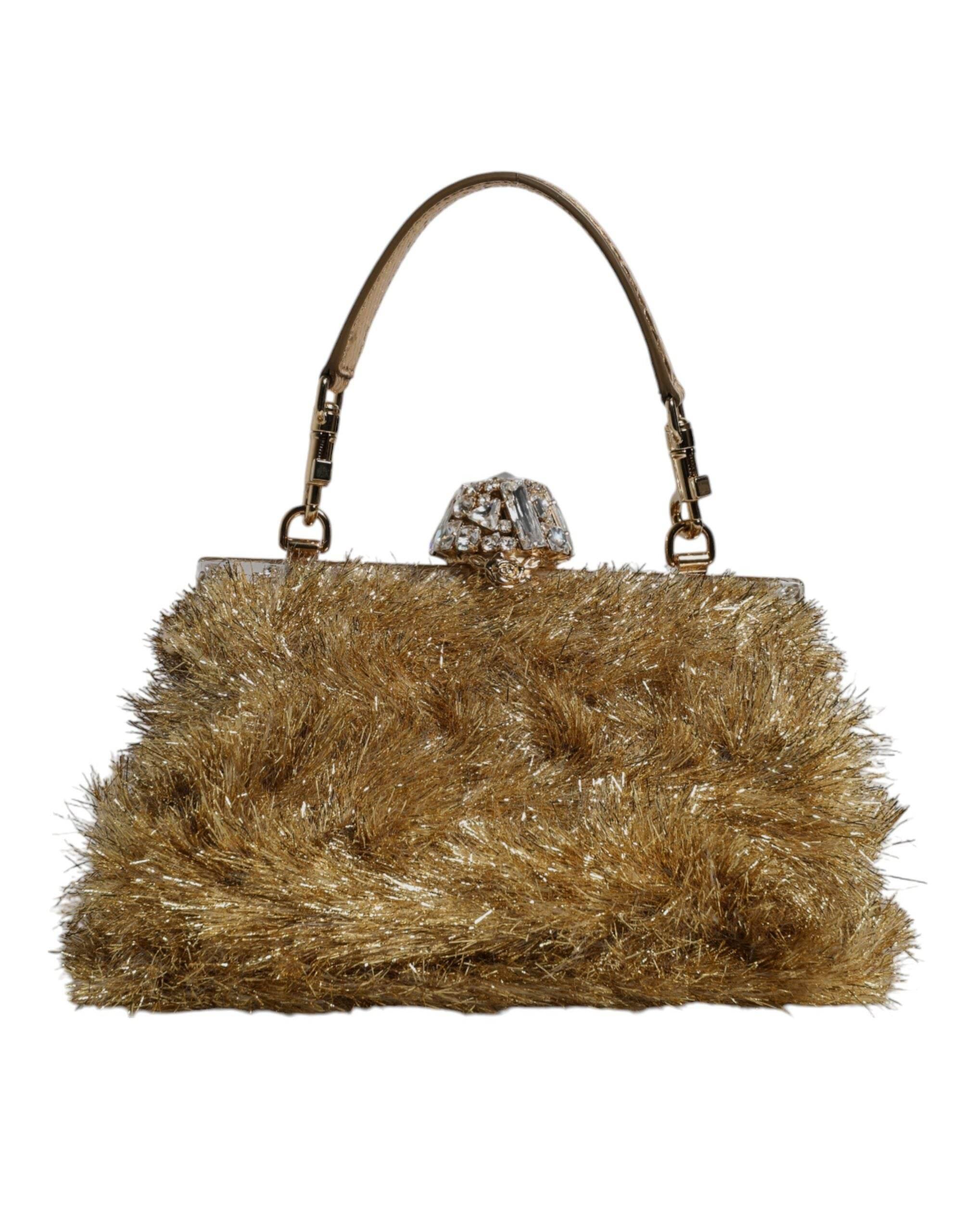 Dolce & Gabbana Gold Vanda Chain Strap Tinsel Crystal Evening Clutch Bag - Hilstor