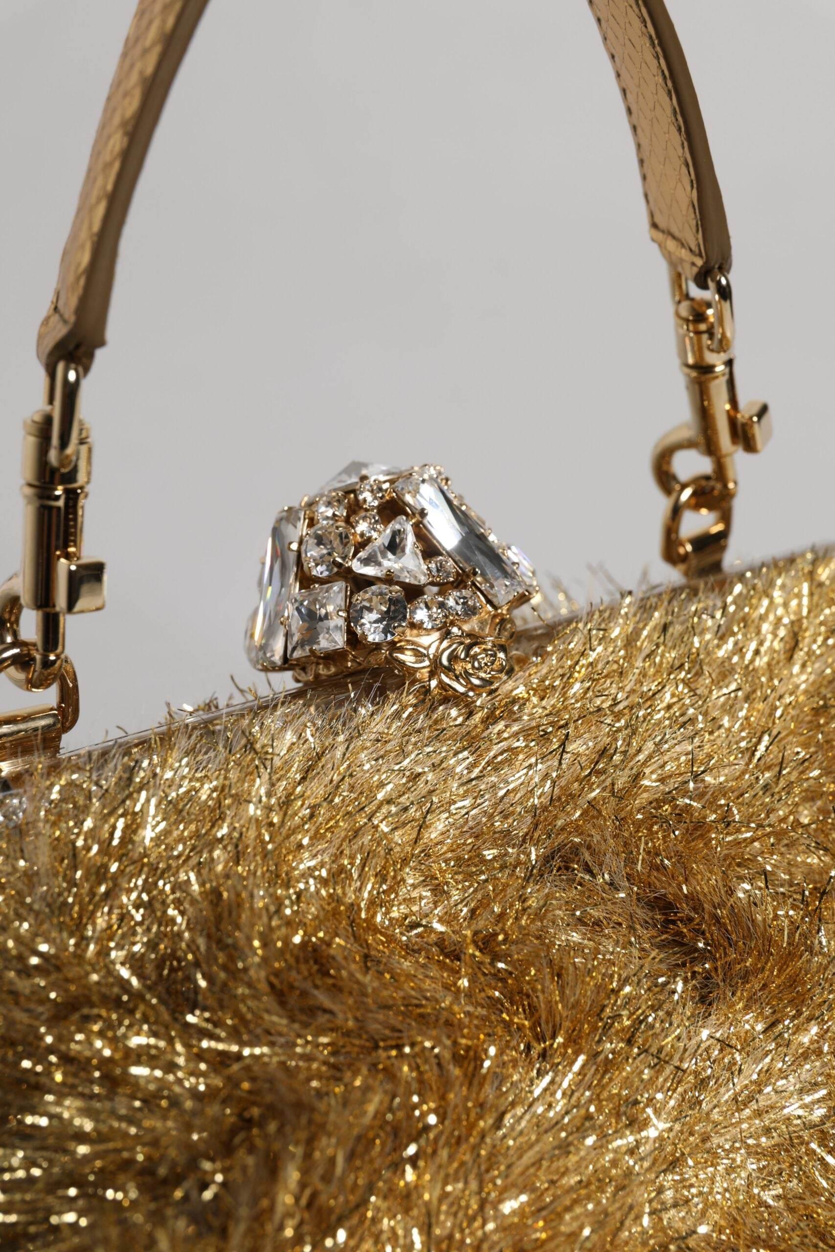 Dolce & Gabbana Gold Vanda Chain Strap Tinsel Crystal Evening Clutch Bag - Hilstor