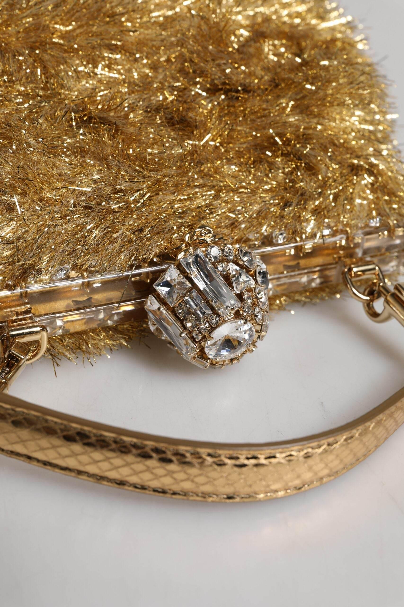 Dolce & Gabbana Gold Vanda Chain Strap Tinsel Crystal Evening Clutch Bag - Hilstor