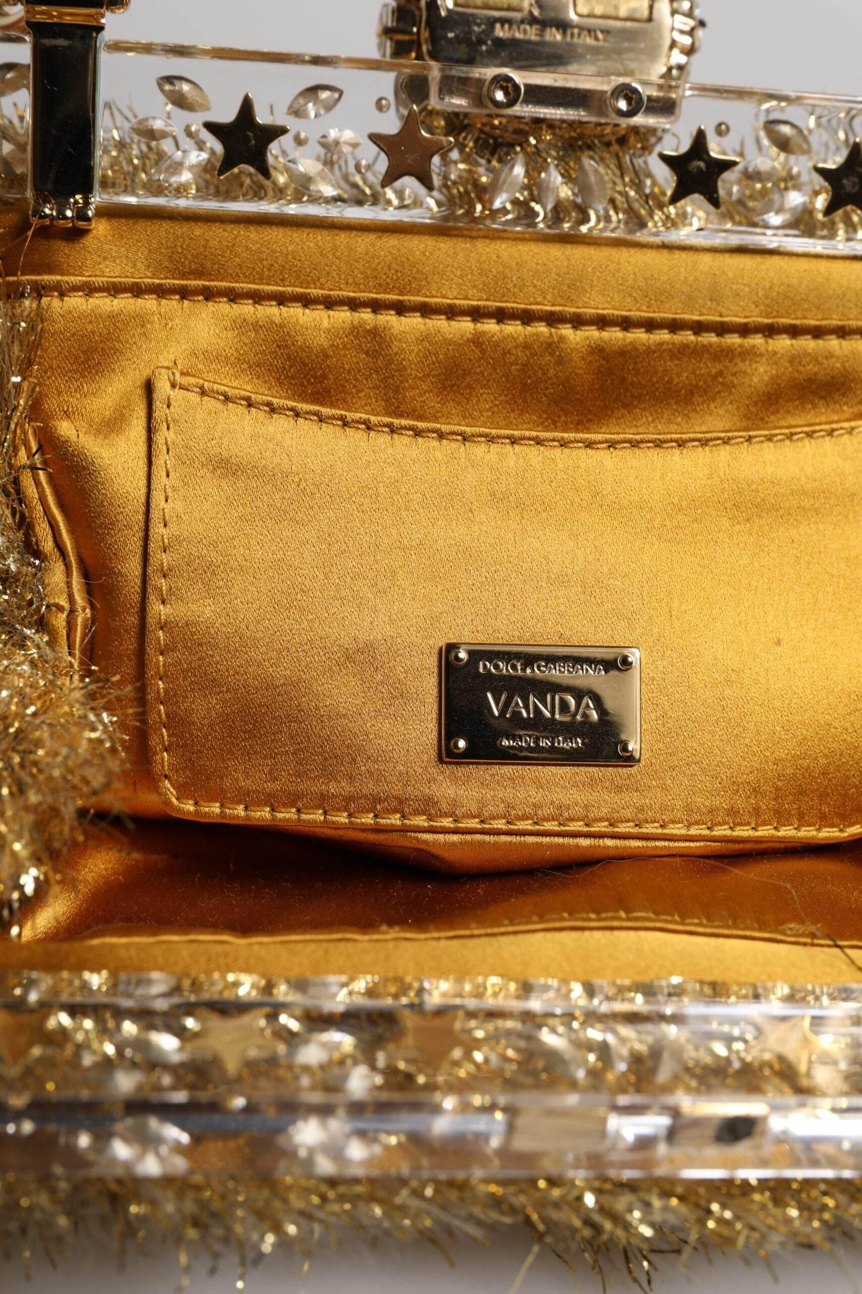 Dolce & Gabbana Gold Vanda Chain Strap Tinsel Crystal Evening Clutch Bag - Hilstor
