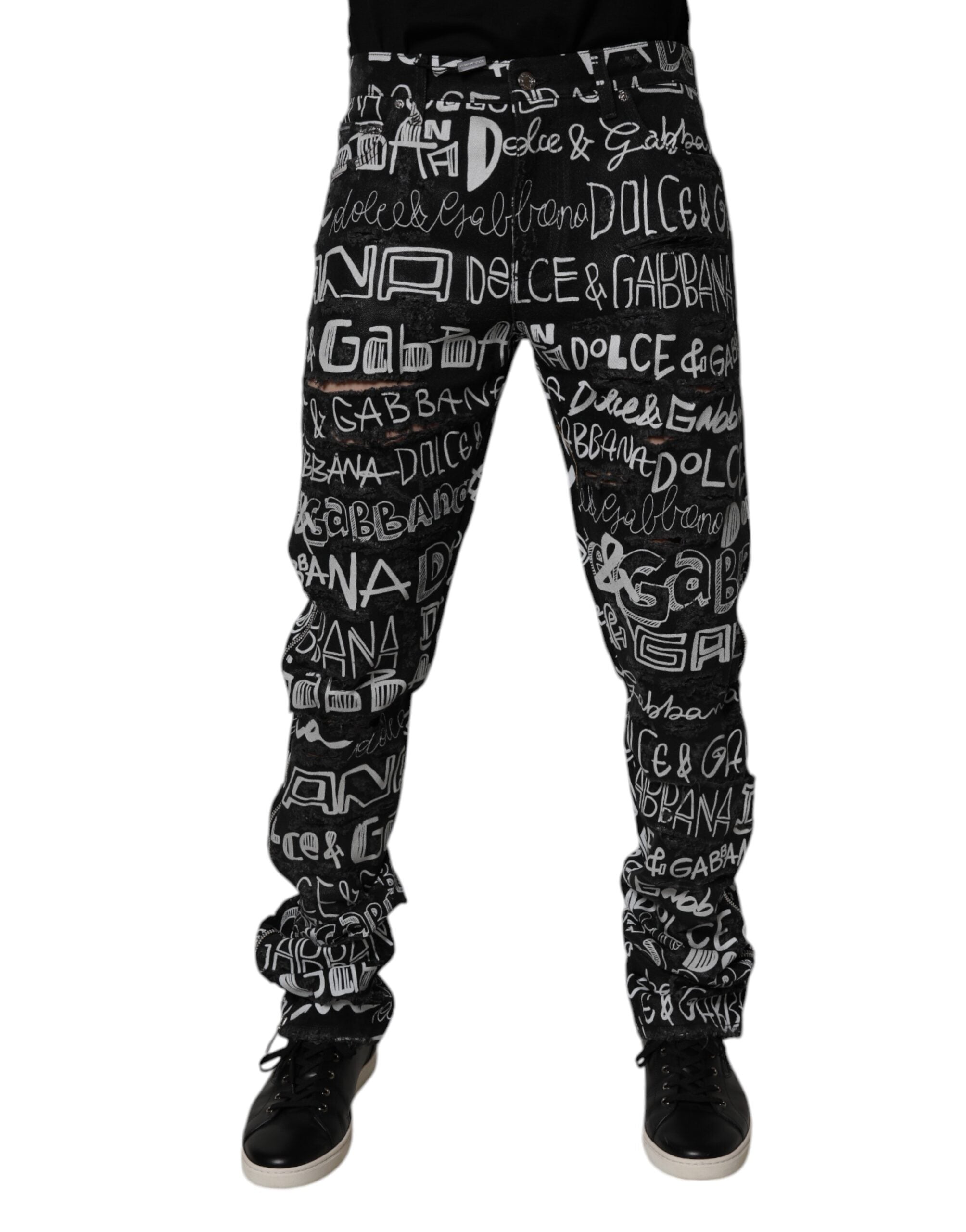 Dolce &amp; Gabbana Sorte Bomuldslogoprint Lige Denim Jeans