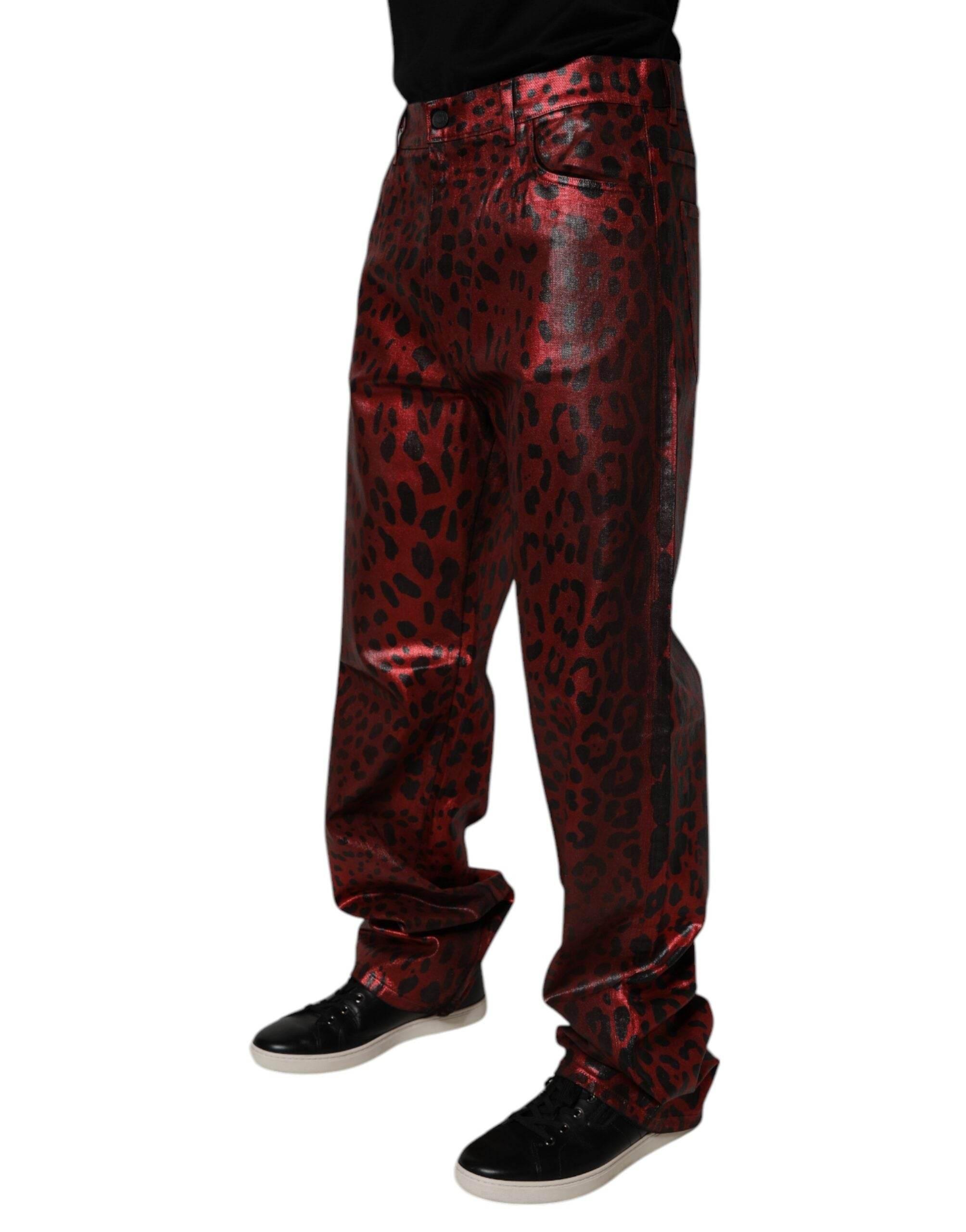 Dolce & Gabbana Red Leopard Cotton Straight Men Denim Jeans - Hilstor