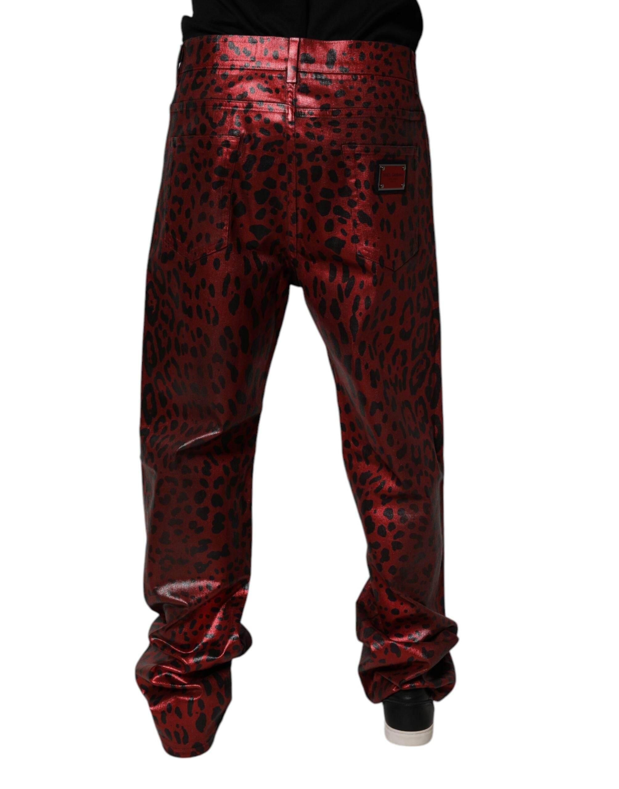 Dolce & Gabbana Red Leopard Cotton Straight Men Denim Jeans - Hilstor