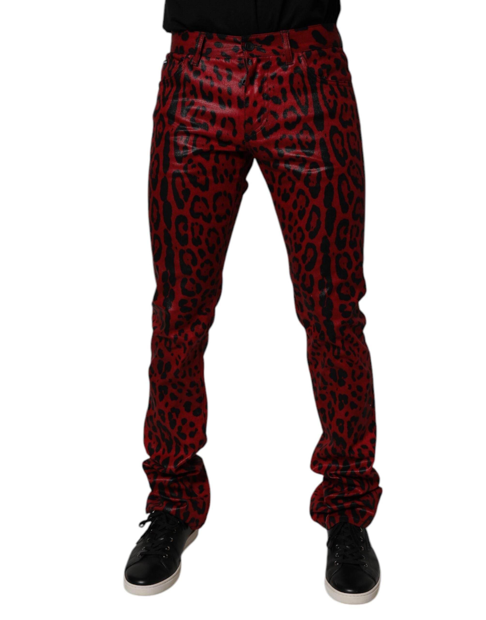 Dolce & Gabbana Red Leopard Cotton Slim Fit Denim Jeans - Hilstor