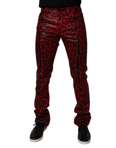 Dolce & Gabbana Red Leopard Cotton Slim Fit Denim Jeans - Hilstor