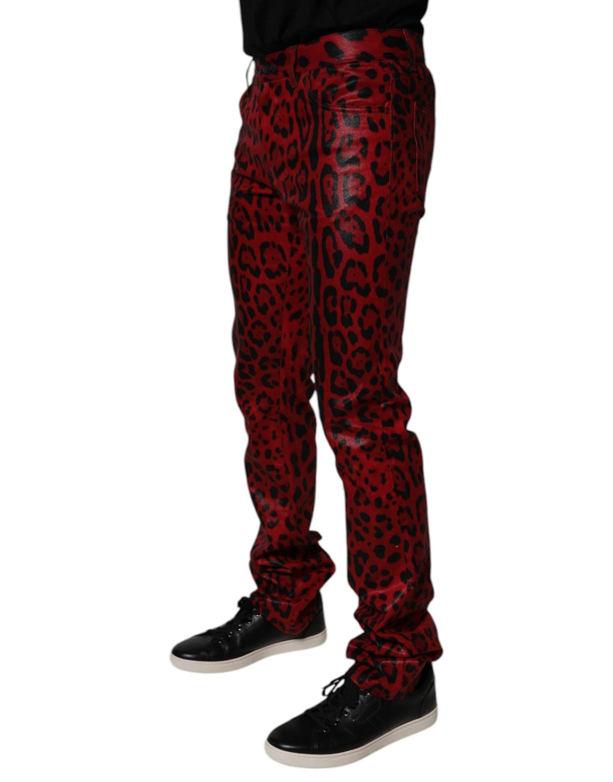 Dolce & Gabbana Red Leopard Cotton Slim Fit Denim Jeans - Hilstor