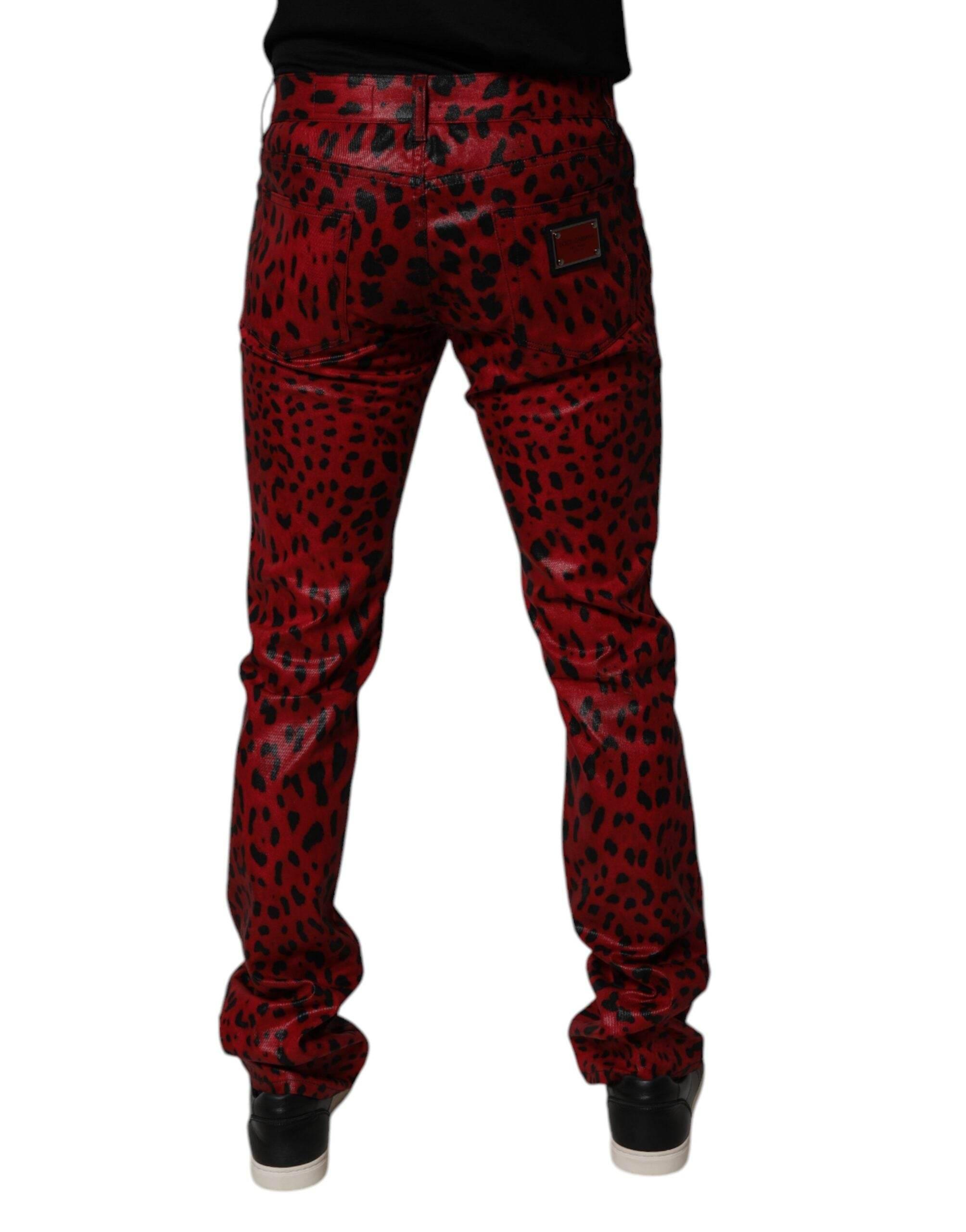 Dolce & Gabbana Red Leopard Cotton Slim Fit Denim Jeans - Hilstor