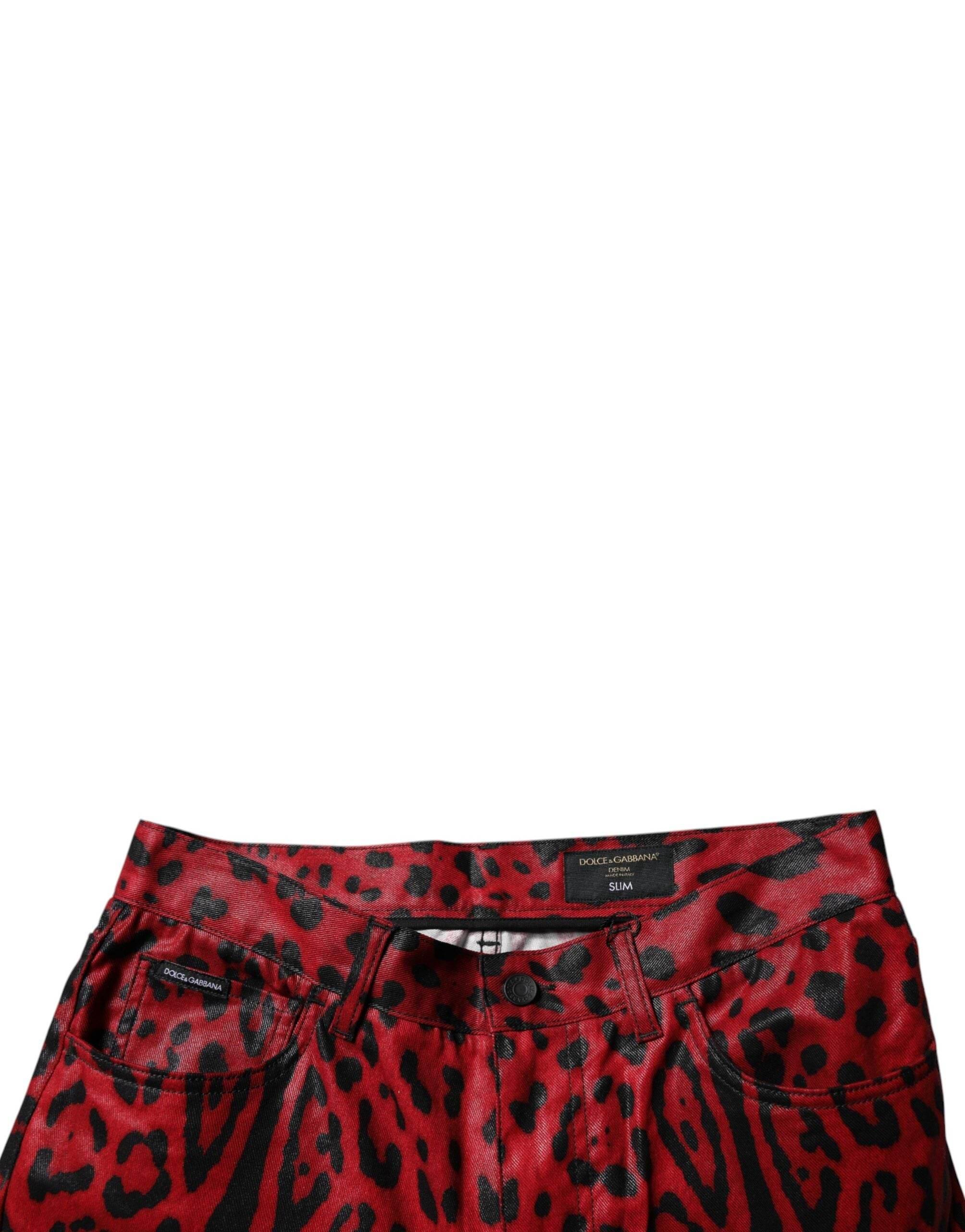 Dolce & Gabbana Red Leopard Cotton Slim Fit Denim Jeans - Hilstor