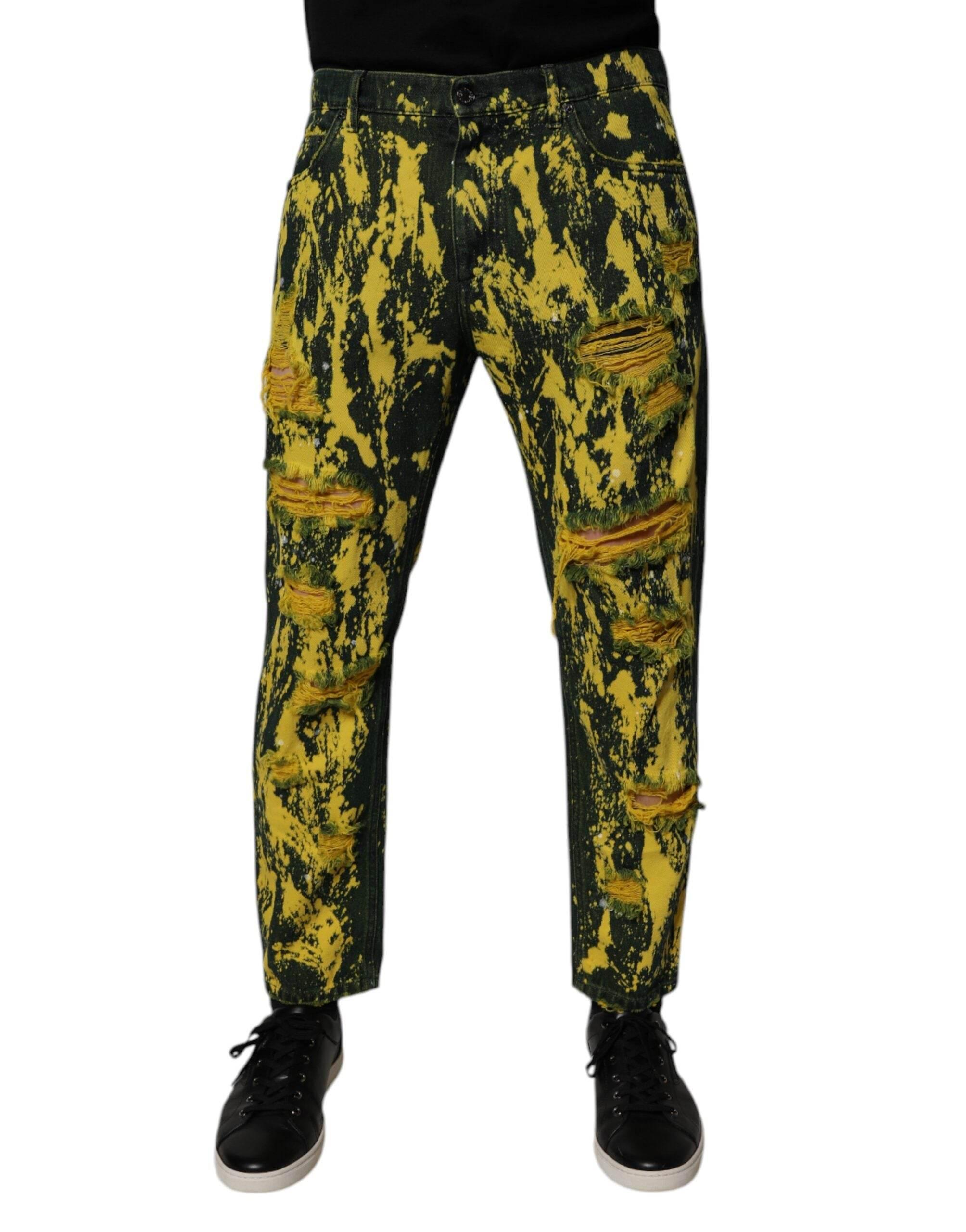 Dolce & Gabbana Black Yellow Tie Dye Tattered Skinny Men Denim Jeans - Hilstor