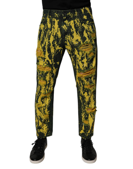 Dolce & Gabbana Black Yellow Tie Dye Tattered Skinny Men Denim Jeans - Hilstor