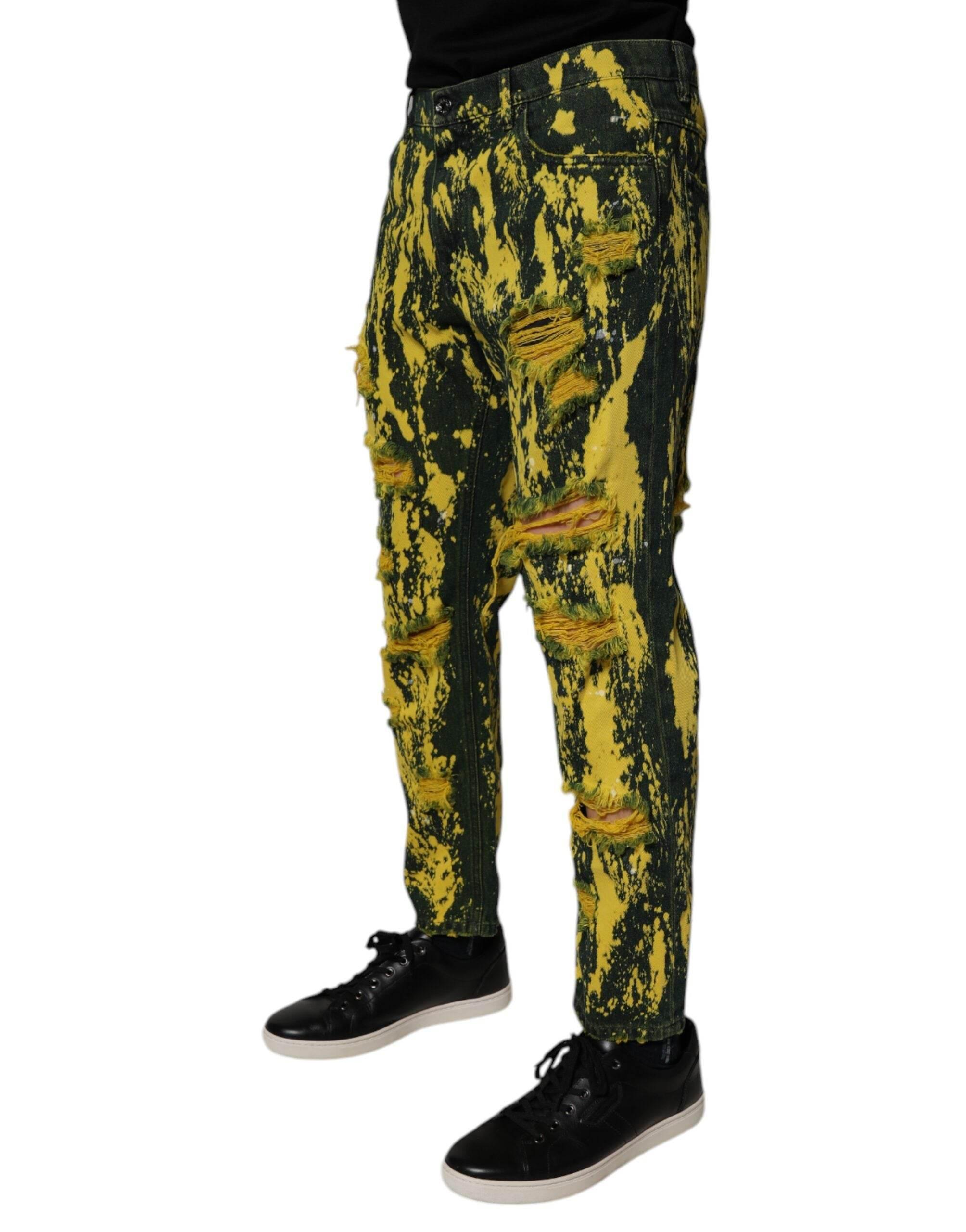 Dolce & Gabbana Black Yellow Tie Dye Tattered Skinny Men Denim Jeans - Hilstor