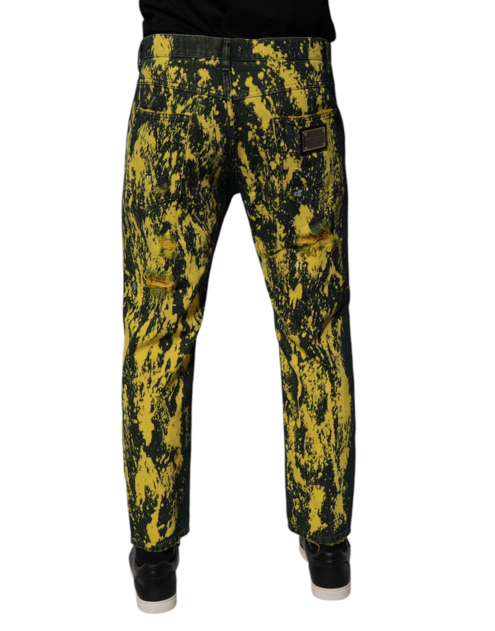 Dolce & Gabbana Black Yellow Tie Dye Tattered Skinny Men Denim Jeans - Hilstor