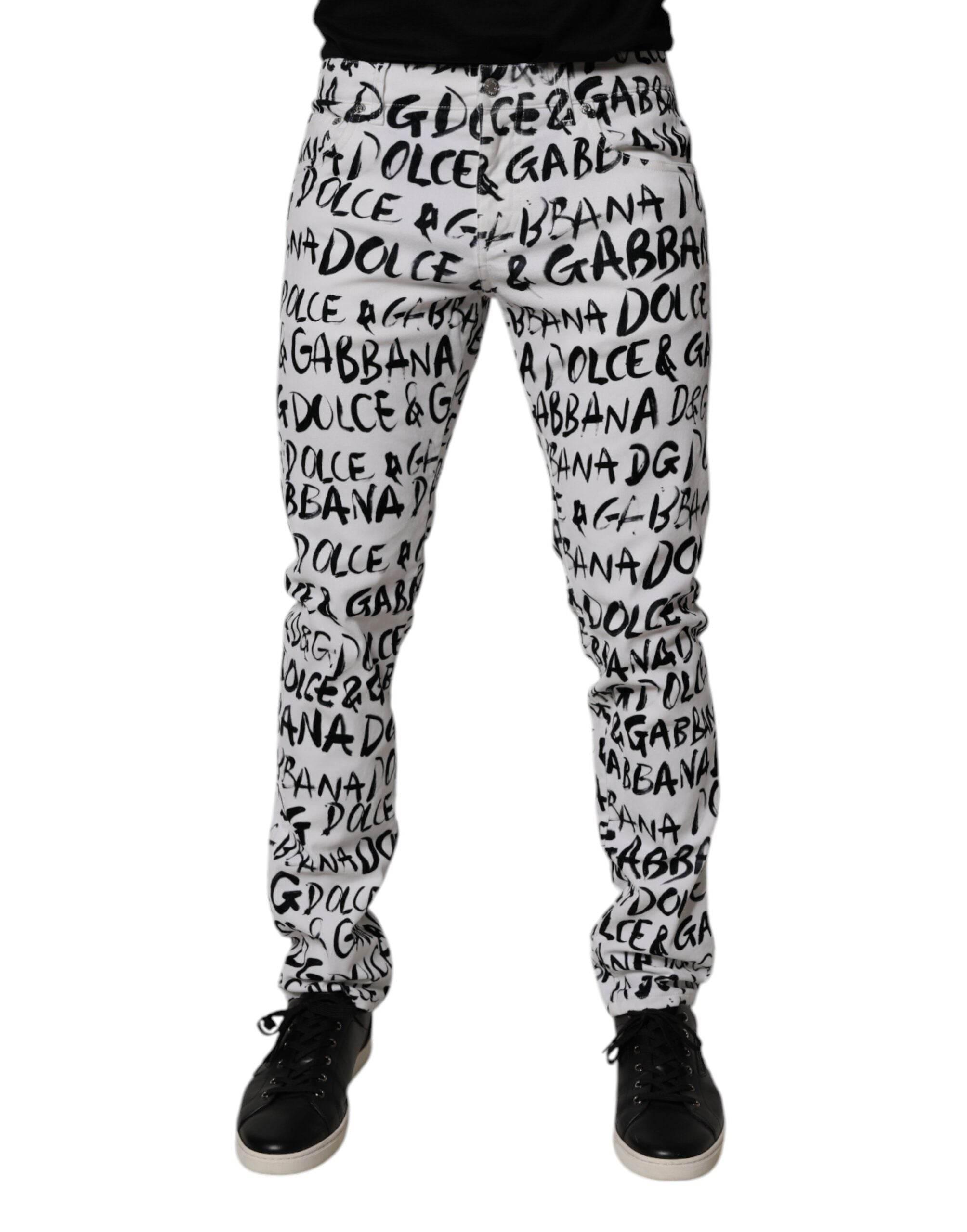 Dolce & Gabbana White Cotton Logo Print Skinny Denim Jeans - Hilstor