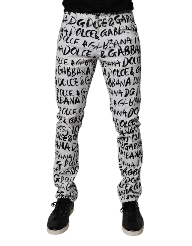 Dolce & Gabbana White Cotton Logo Print Skinny Denim Jeans - Hilstor