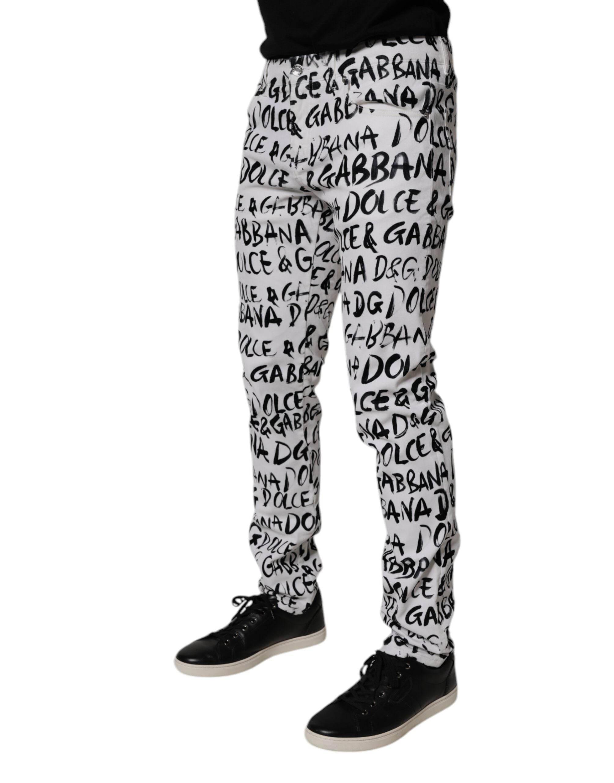Dolce & Gabbana White Cotton Logo Print Skinny Denim Jeans - Hilstor