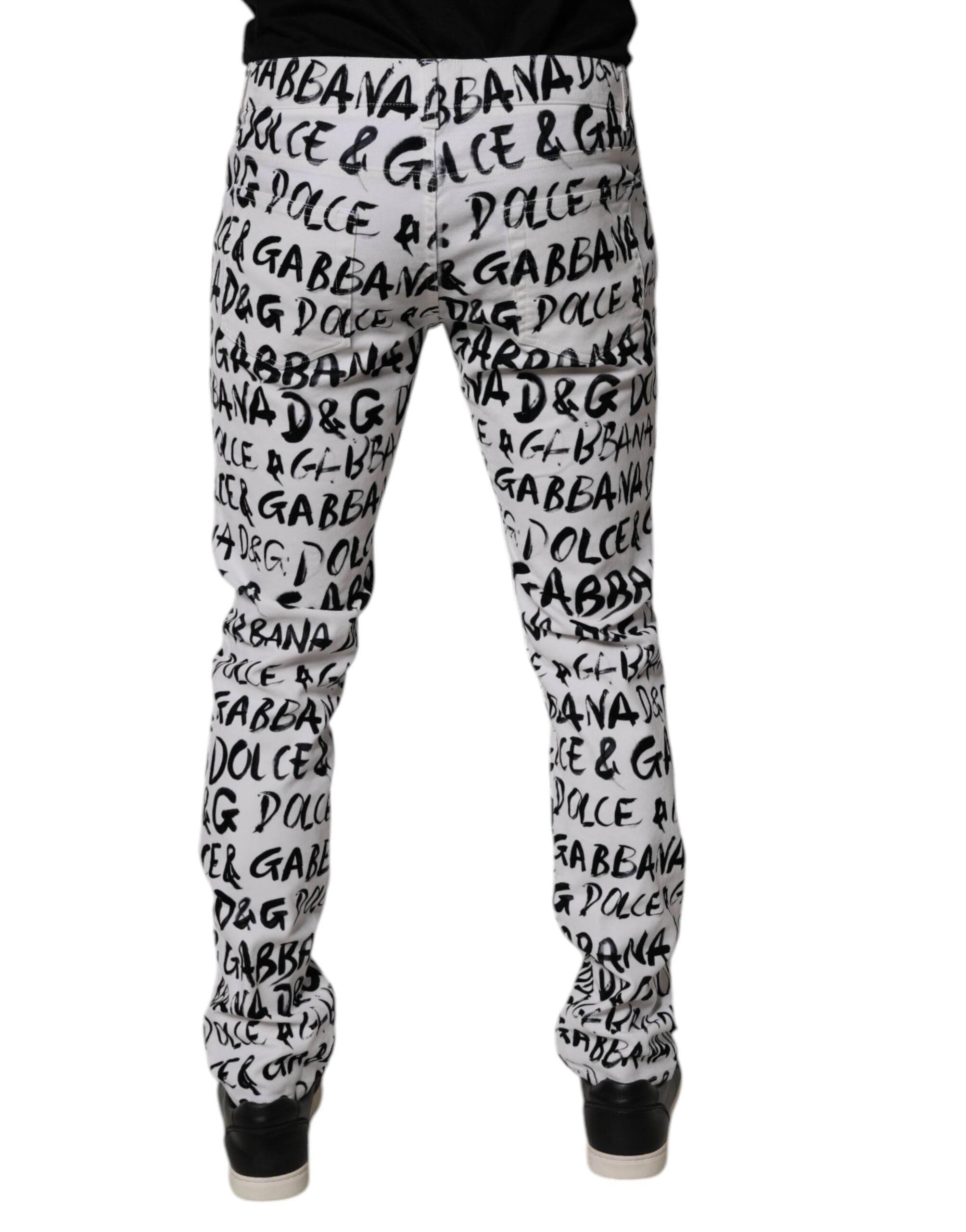 Dolce & Gabbana White Cotton Logo Print Skinny Denim Jeans - Hilstor