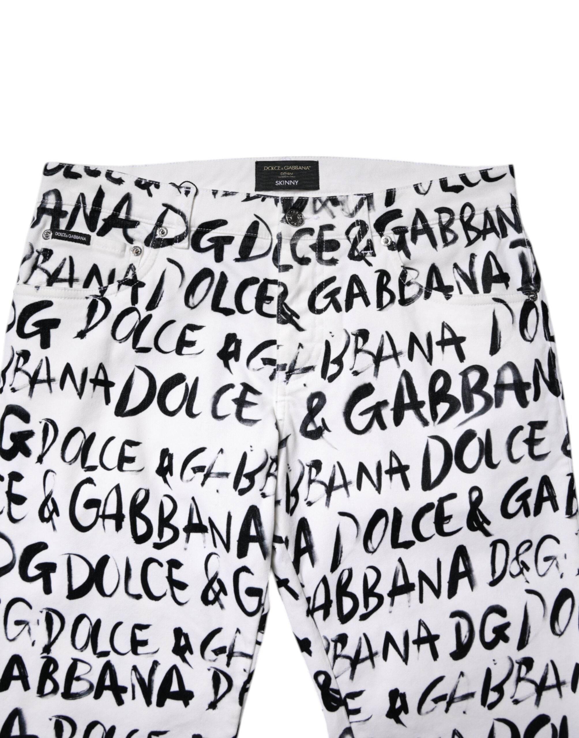 Dolce & Gabbana White Cotton Logo Print Skinny Denim Jeans - Hilstor