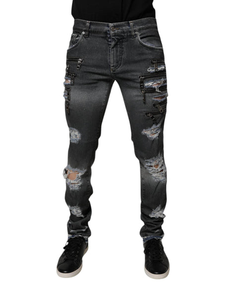 Dolce & Gabbana Dark Gray Tattered Cotton Skinny Denim Jeans - Hilstor