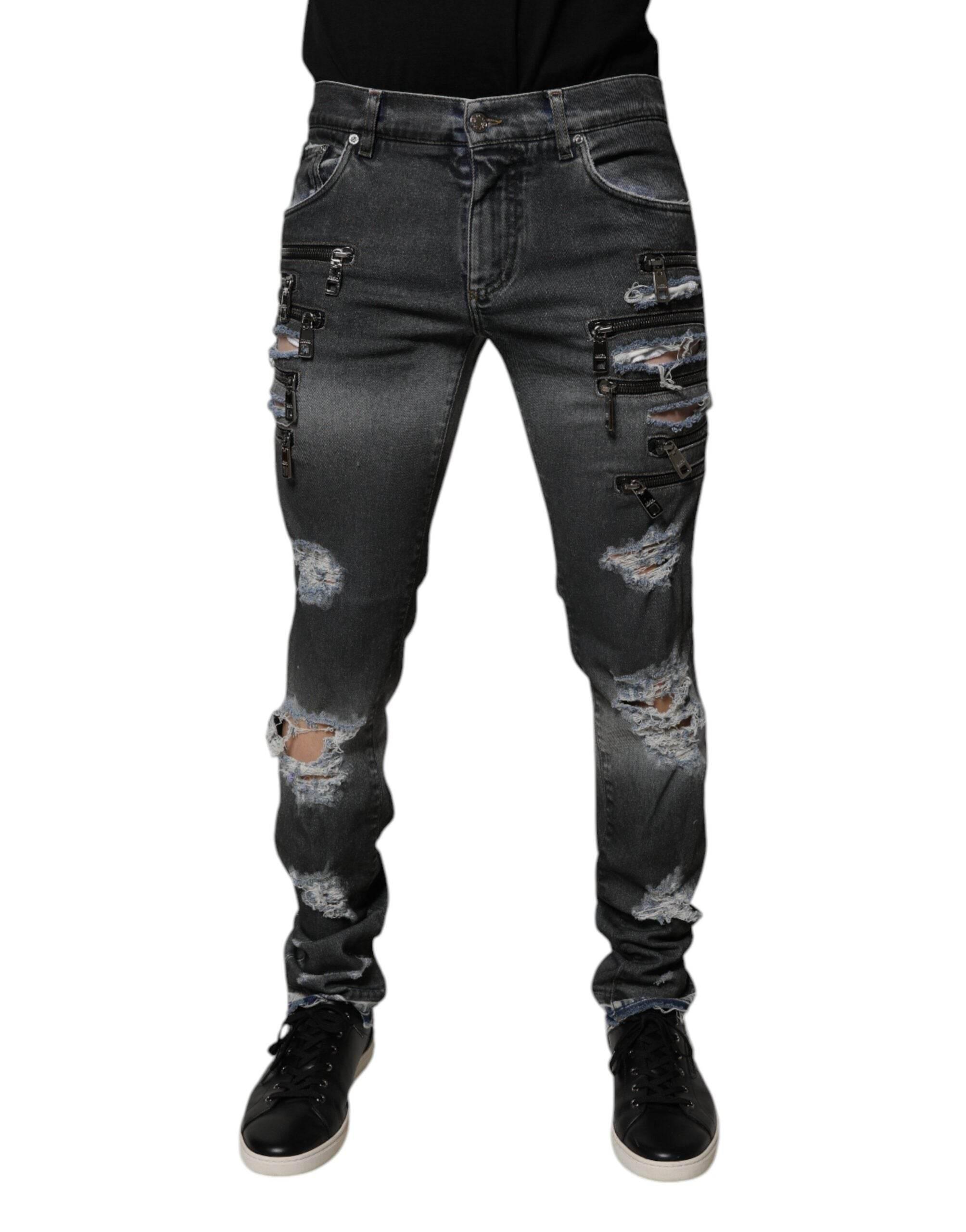 Dolce & Gabbana Dark Gray Tattered Cotton Skinny Denim Jeans - Hilstor