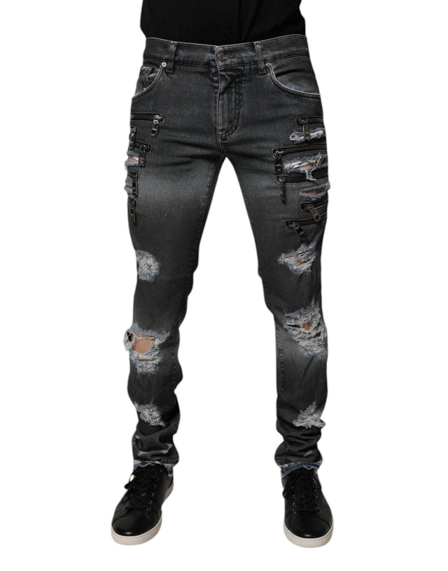 Dolce & Gabbana Dark Gray Tattered Cotton Skinny Denim Jeans - Hilstor