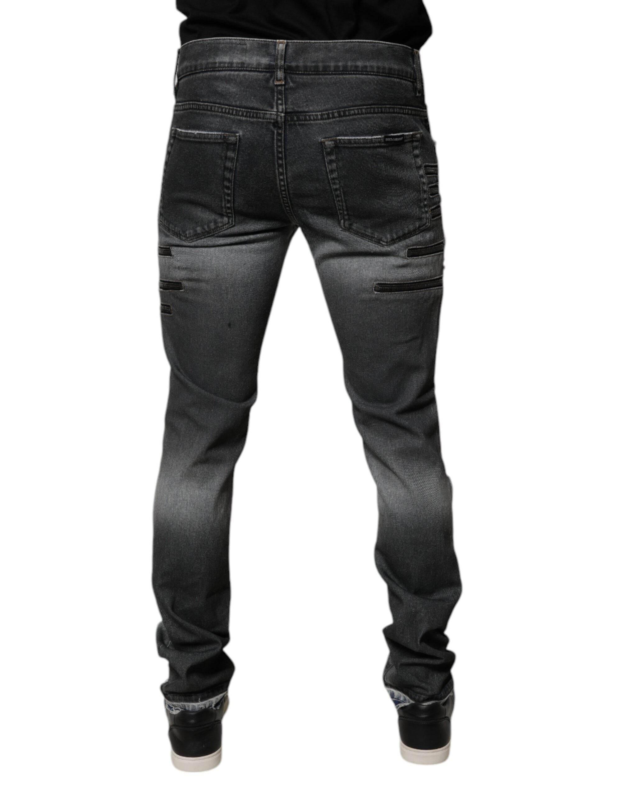 Dolce & Gabbana Dark Gray Tattered Cotton Skinny Denim Jeans - Hilstor
