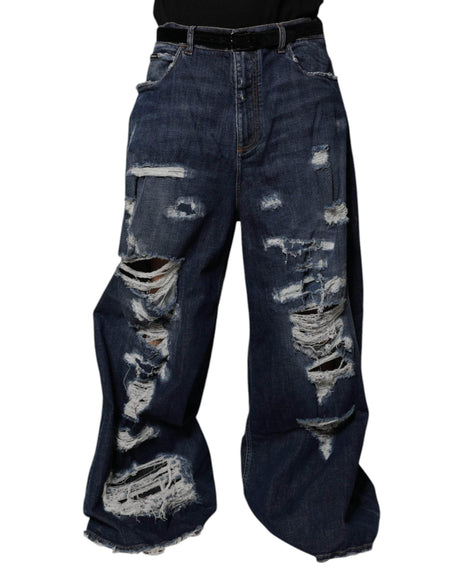 Dolce & Gabbana Dark Blue Tattered Wide Leg Men Denim Jeans - Hilstor