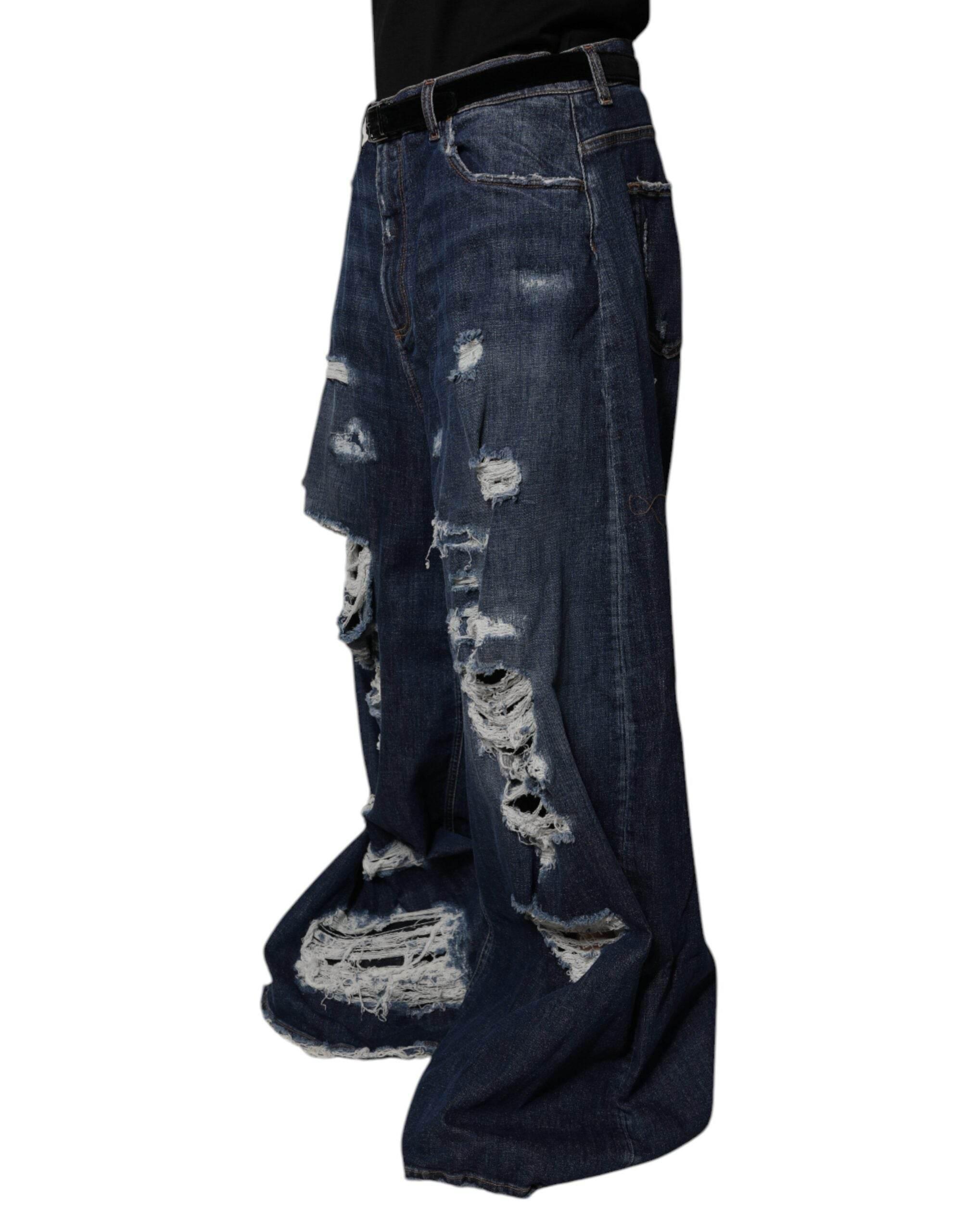 Dolce & Gabbana Dark Blue Tattered Wide Leg Men Denim Jeans - Hilstor