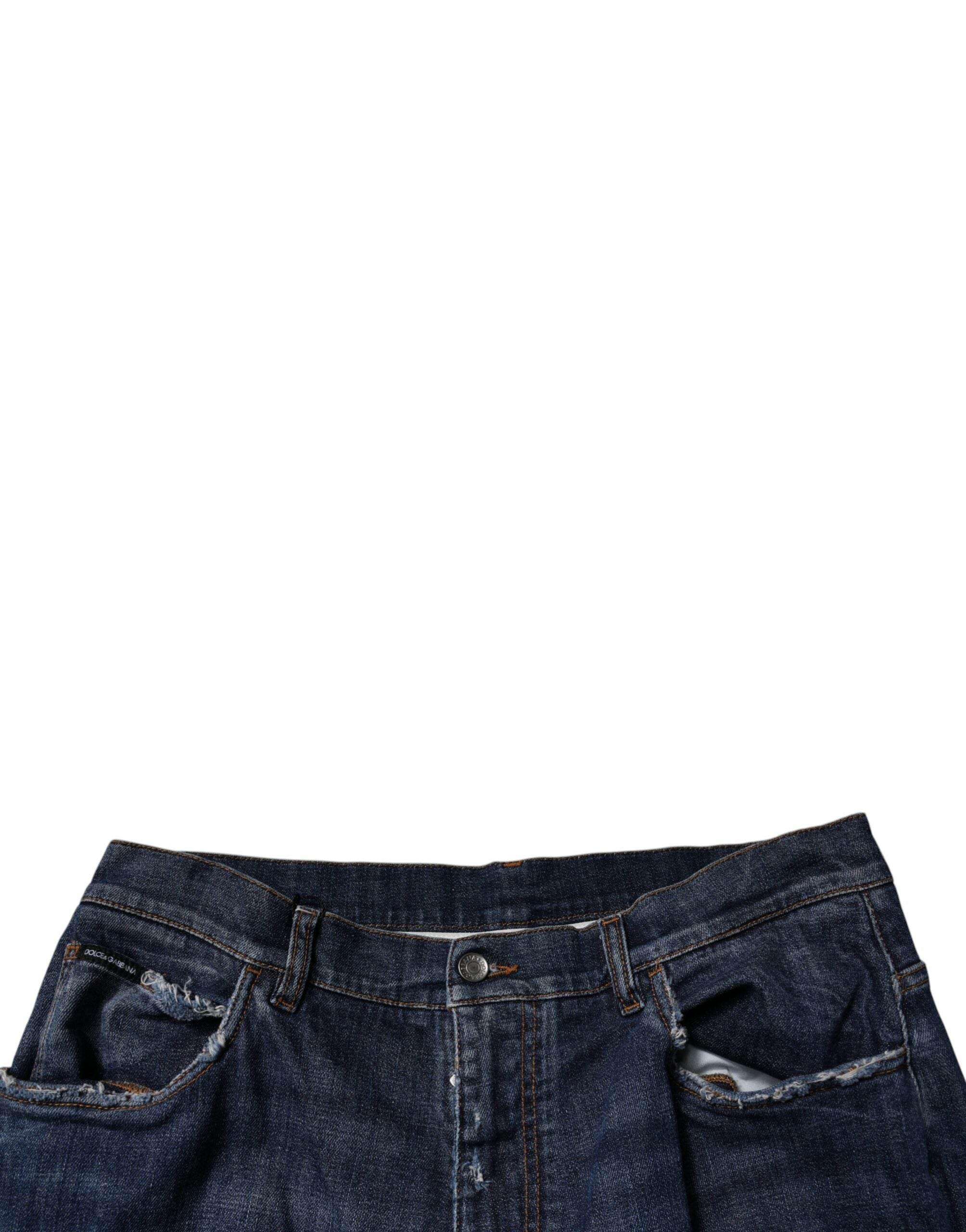 Dolce & Gabbana Dark Blue Tattered Wide Leg Men Denim Jeans - Hilstor