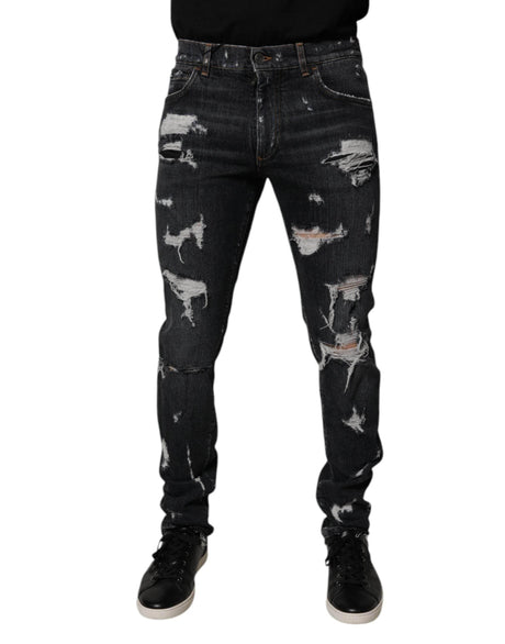 Dolce & Gabbana Black Tattered Cotton Skinny Men Denim Jeans - Hilstor