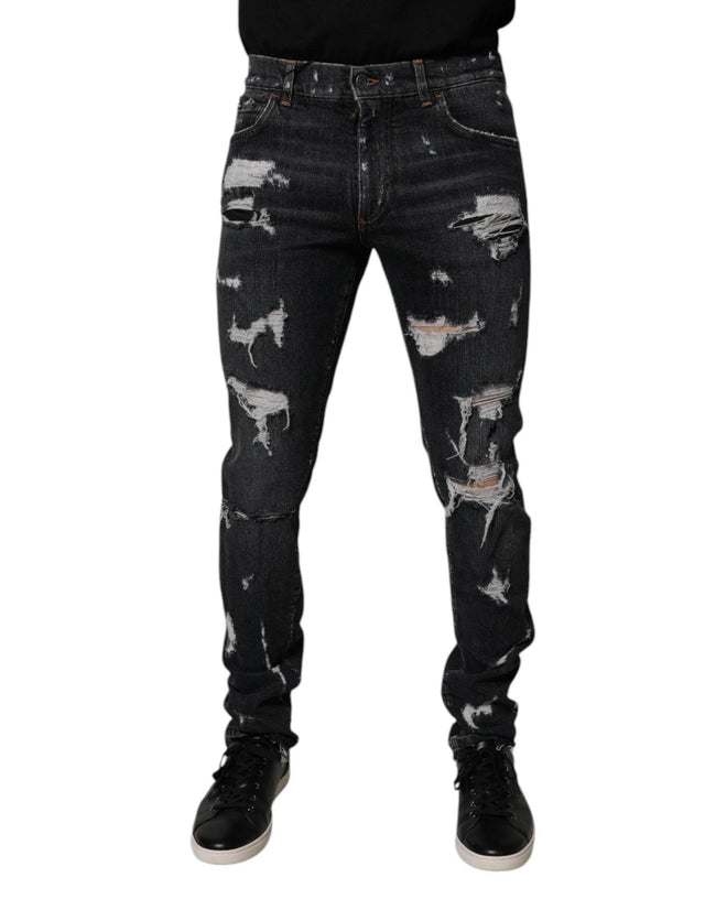 Dolce & Gabbana Black Tattered Cotton Skinny Men Denim Jeans - Hilstor